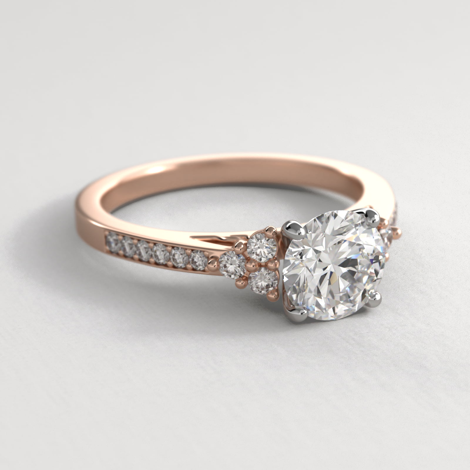 Pavé Trio Side Stone Diamond Engagement Ring In 14K Rose Gold