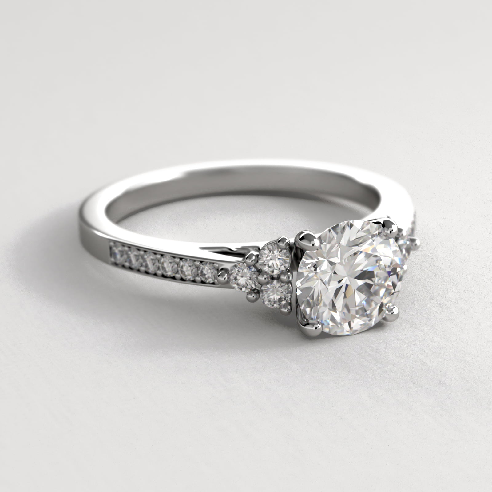 Pavé Trio Side Stone Diamond Engagement Ring In 14K White Gold