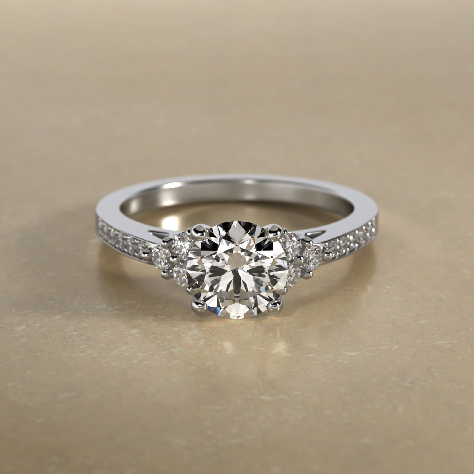 Pavé Trio Side Stone Diamond Engagement Ring In 18K White Gold