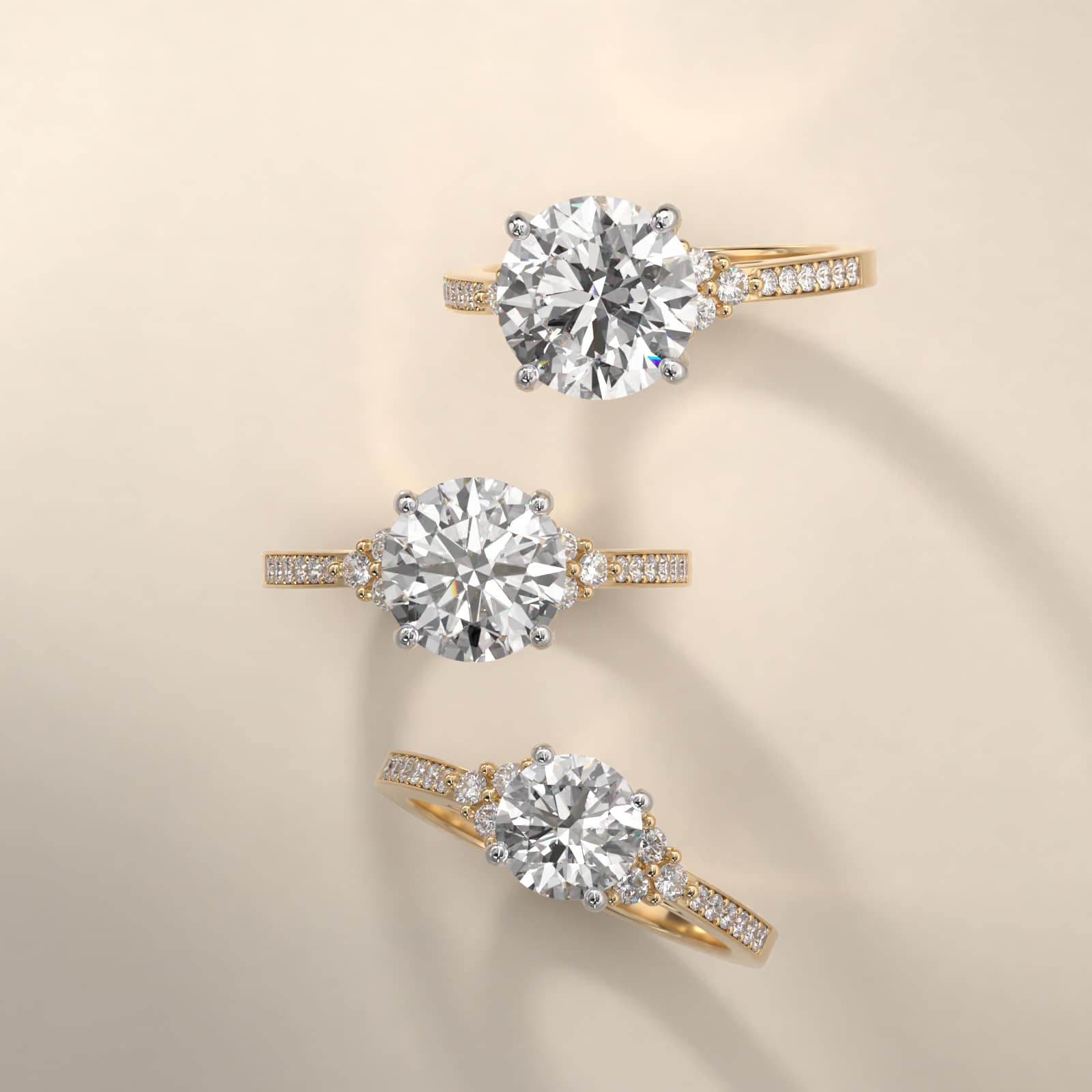 Pavé Trio Side Stone Diamond Engagement Ring In 18K Yellow Gold