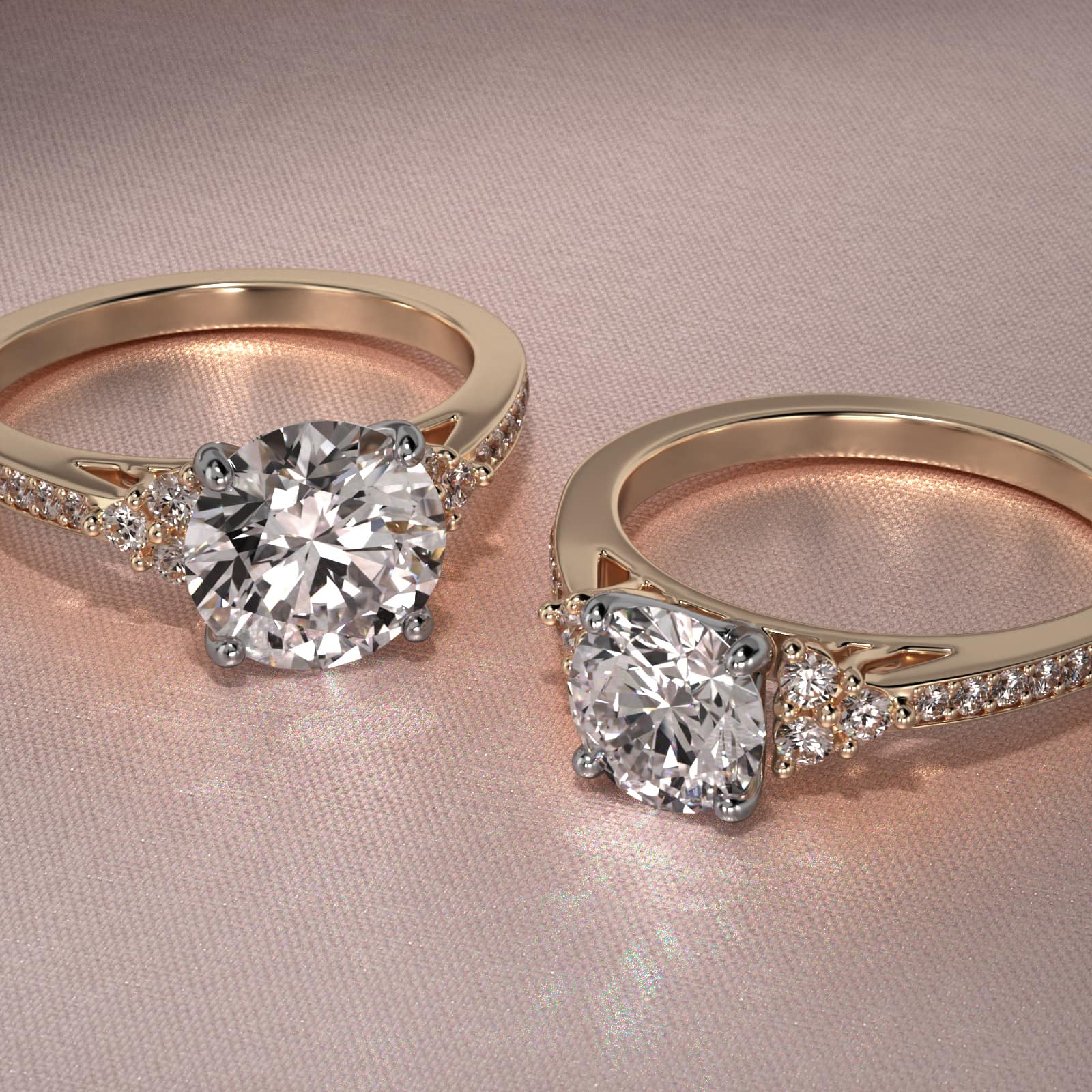 Pavé Trio Side Stone Diamond Engagement Ring In 14K Yellow Gold