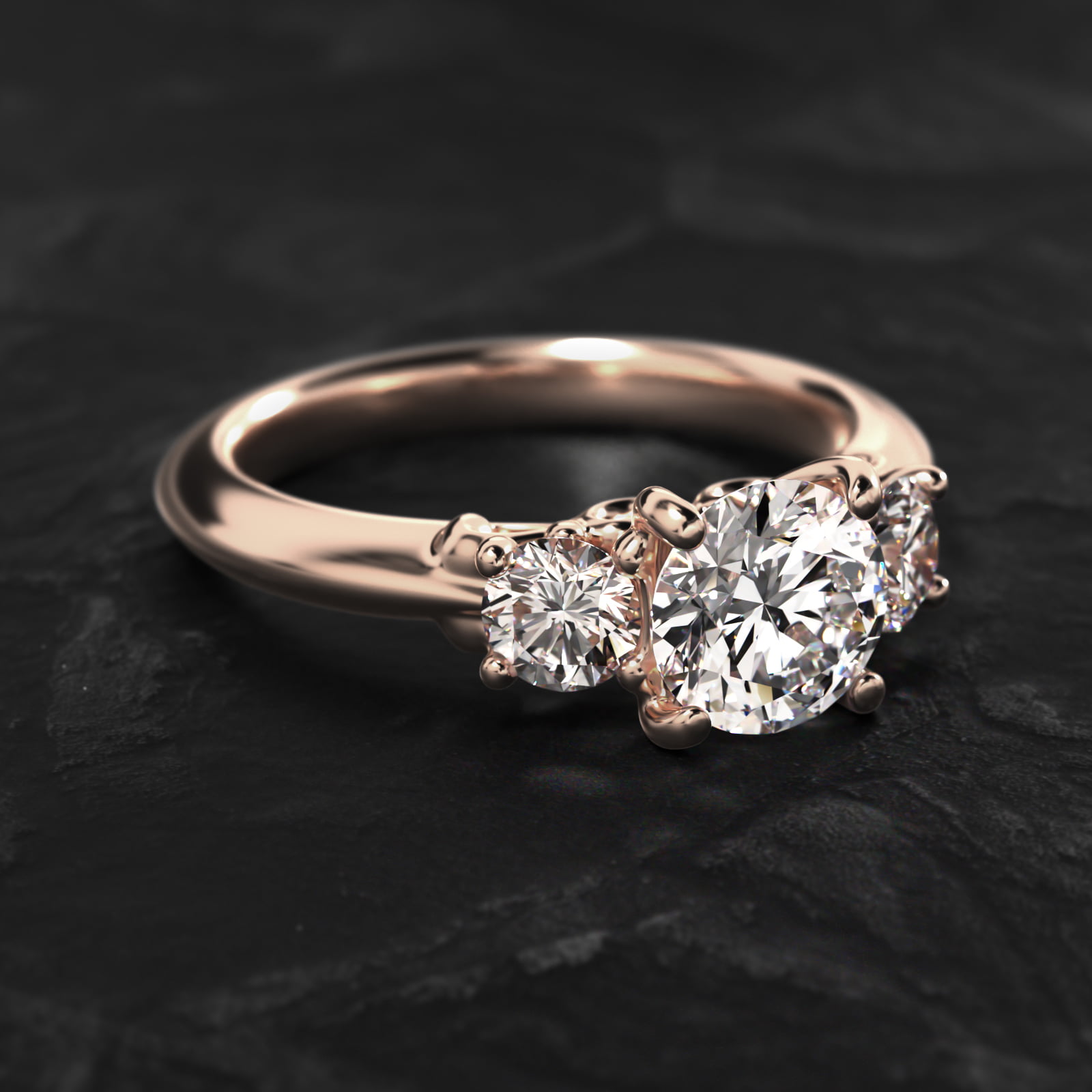 Diamond Three Stone Engagement Ring With Scroll Undergallery In 14K Rose Gold