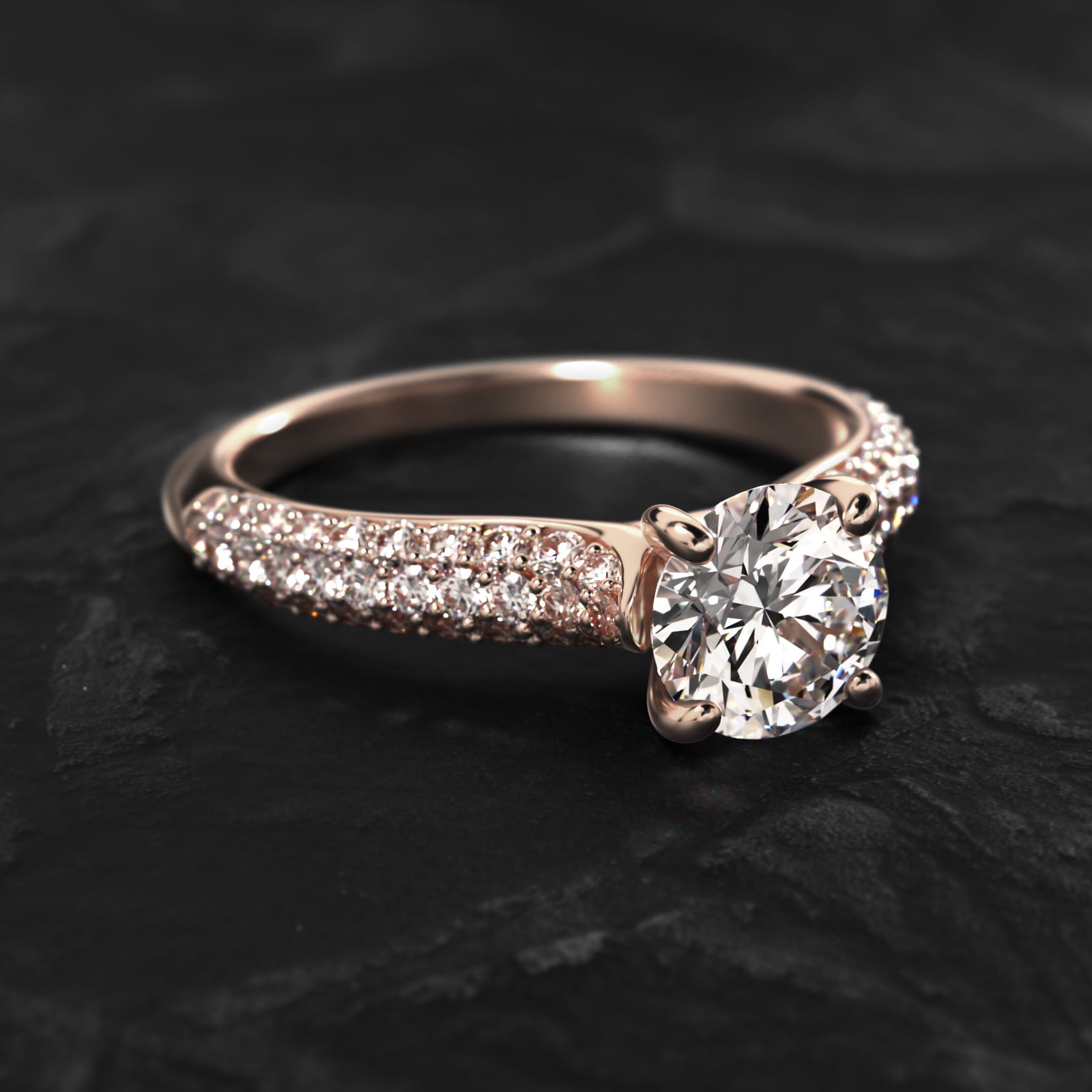 Graduated Triple Row Pavé Diamond Engagement Ring In 14K Rose Gold