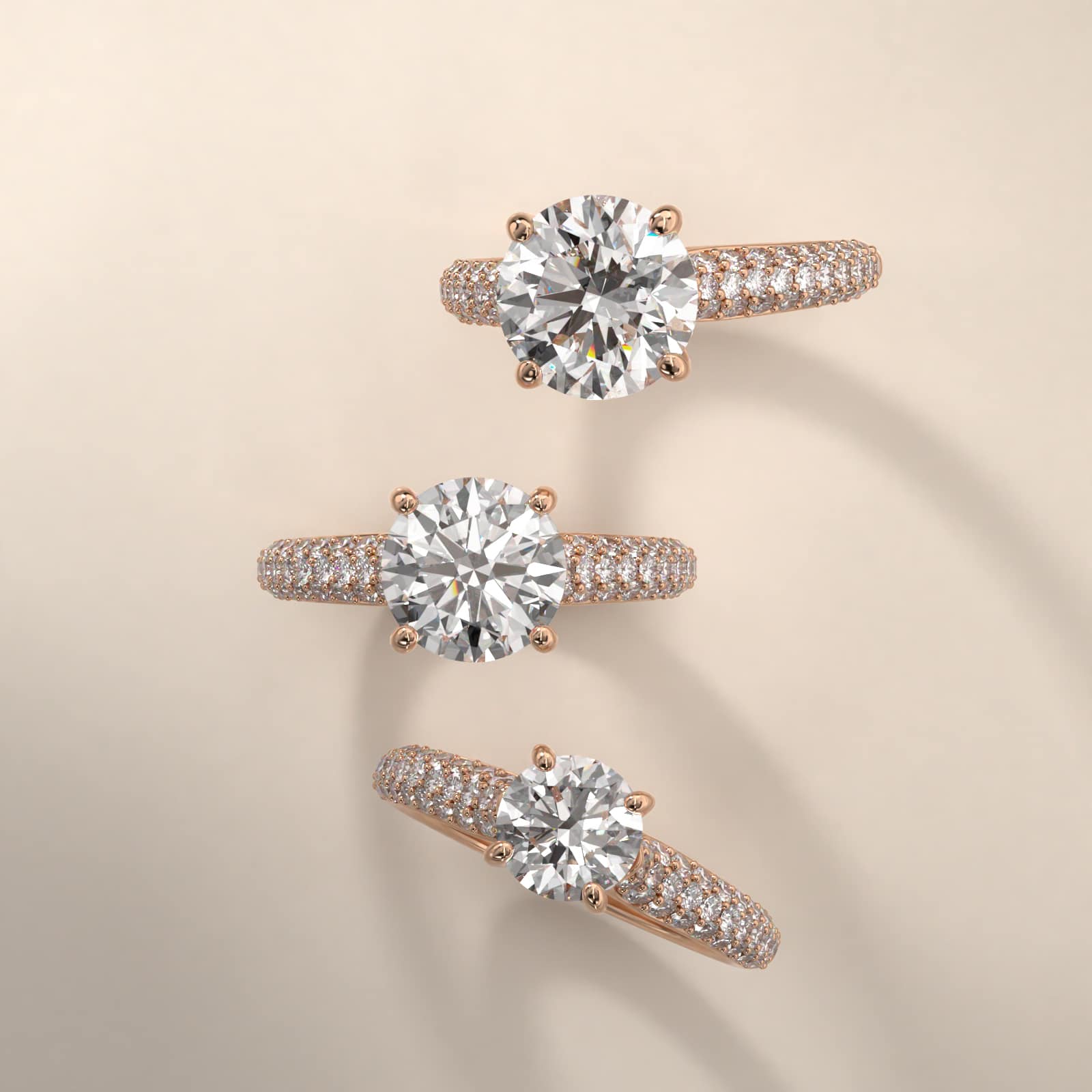 Graduated Triple Row Pavé Diamond Engagement Ring In 14K Rose Gold