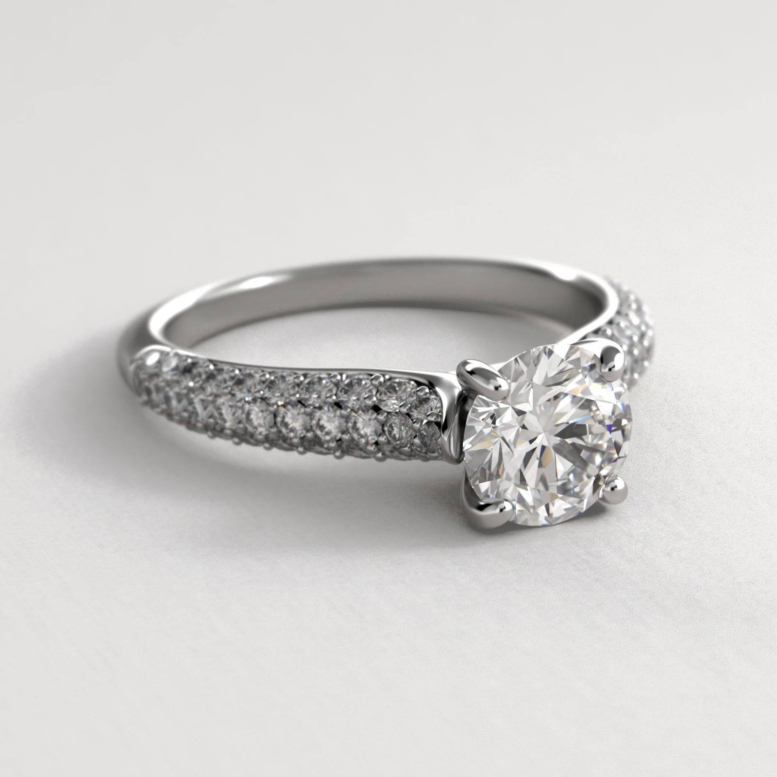 Graduated Triple Row Pavé Diamond Engagement Ring In 14K White Gold