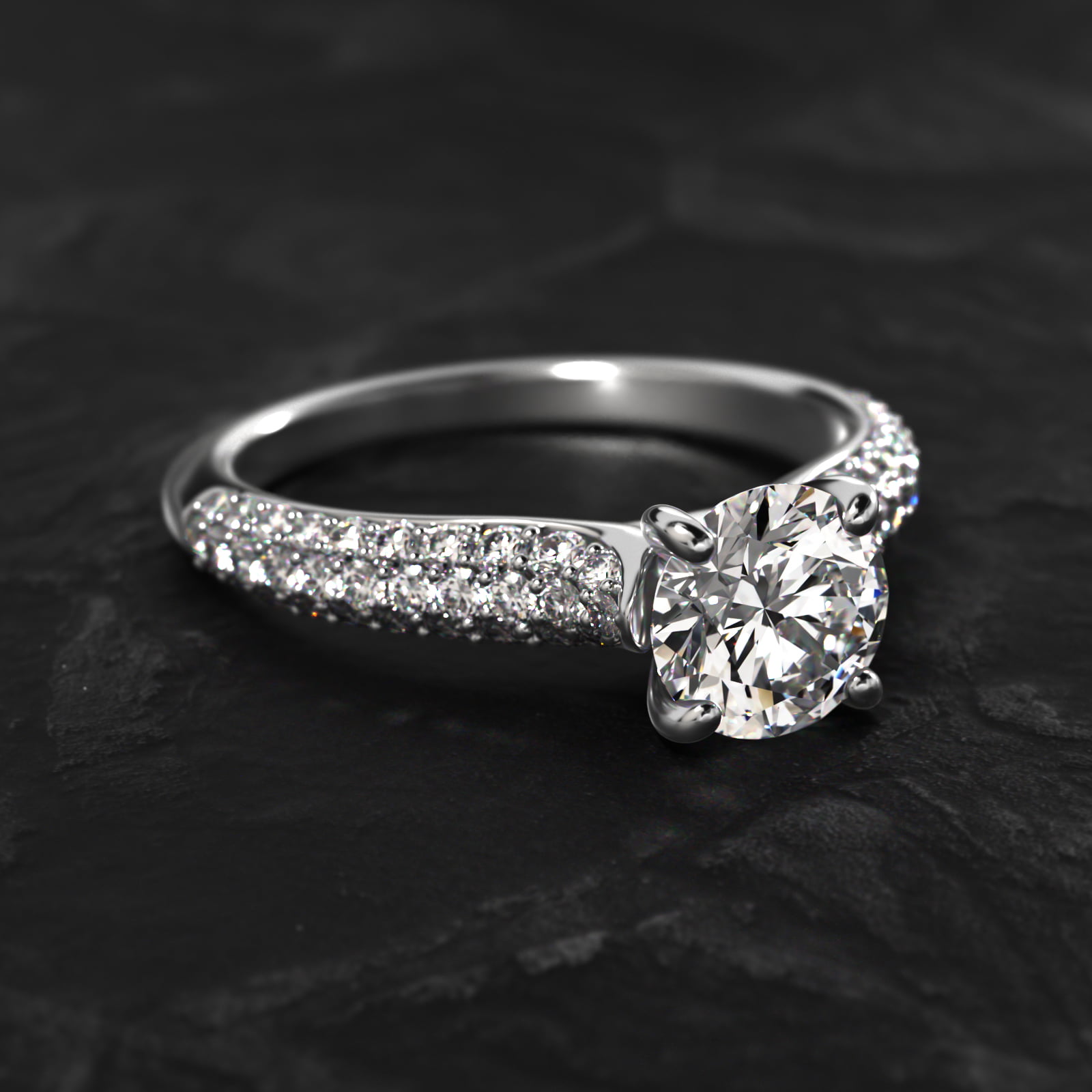 Graduated Triple Row Pavé Diamond Engagement Ring In 18K White Gold