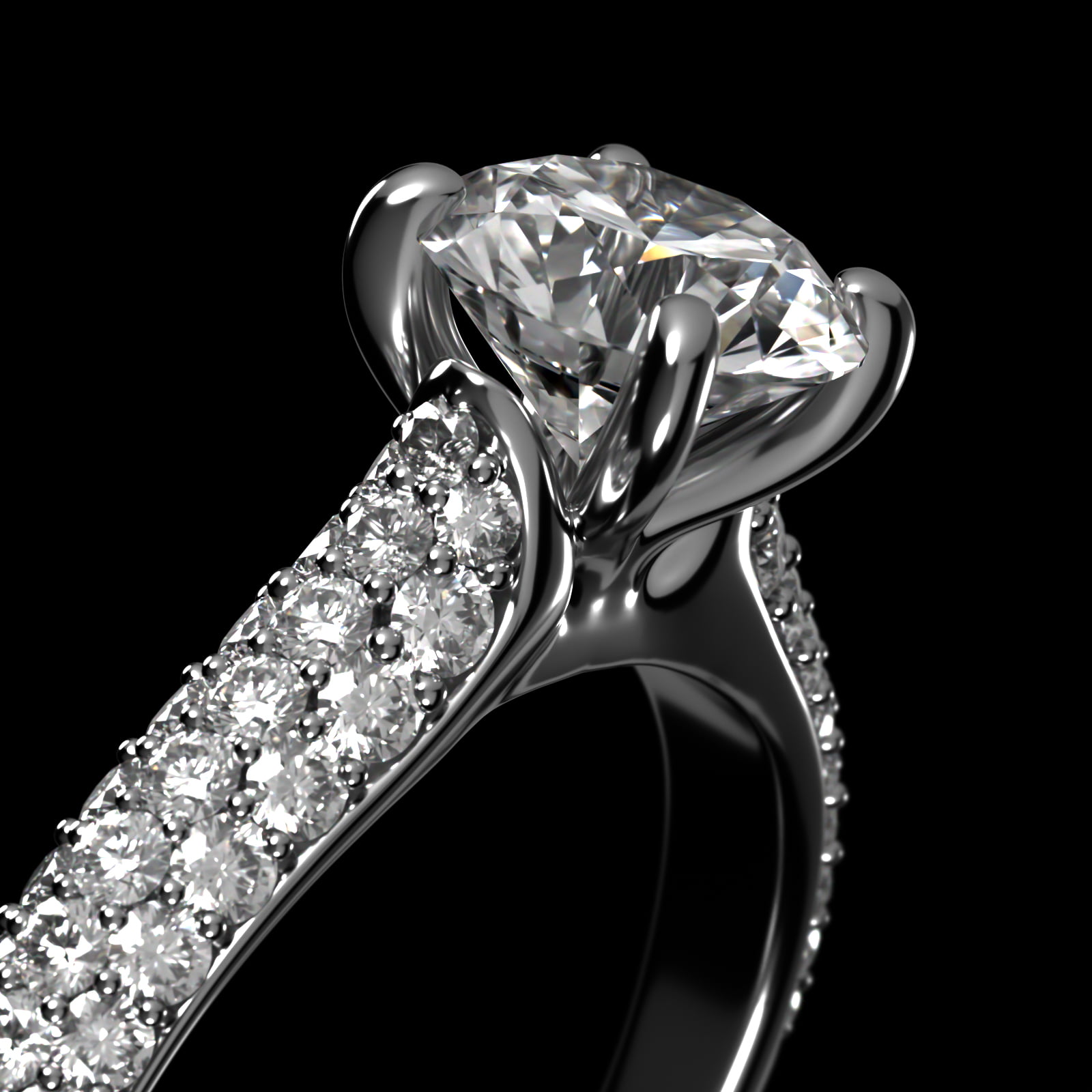 Graduated Triple Row Pavé Diamond Engagement Ring In 18K White Gold