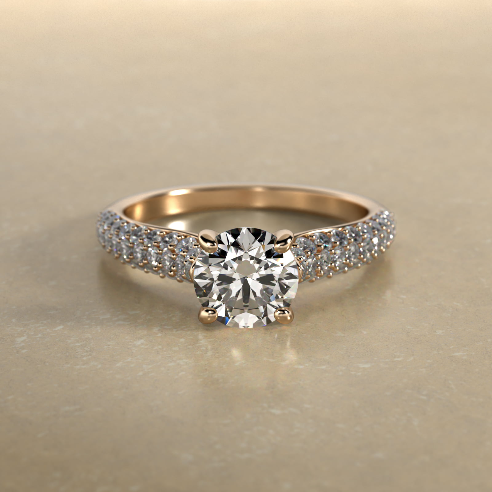 Graduated Triple Row Pavé Diamond Engagement Ring In 14K Yellow Gold