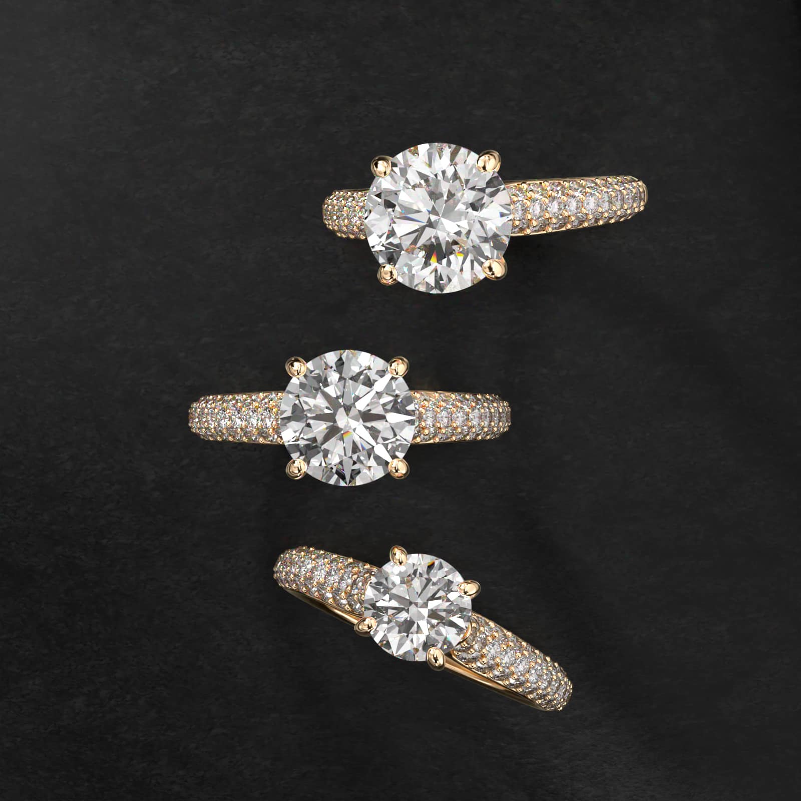 Graduated Triple Row Pavé Diamond Engagement Ring In 14K Yellow Gold