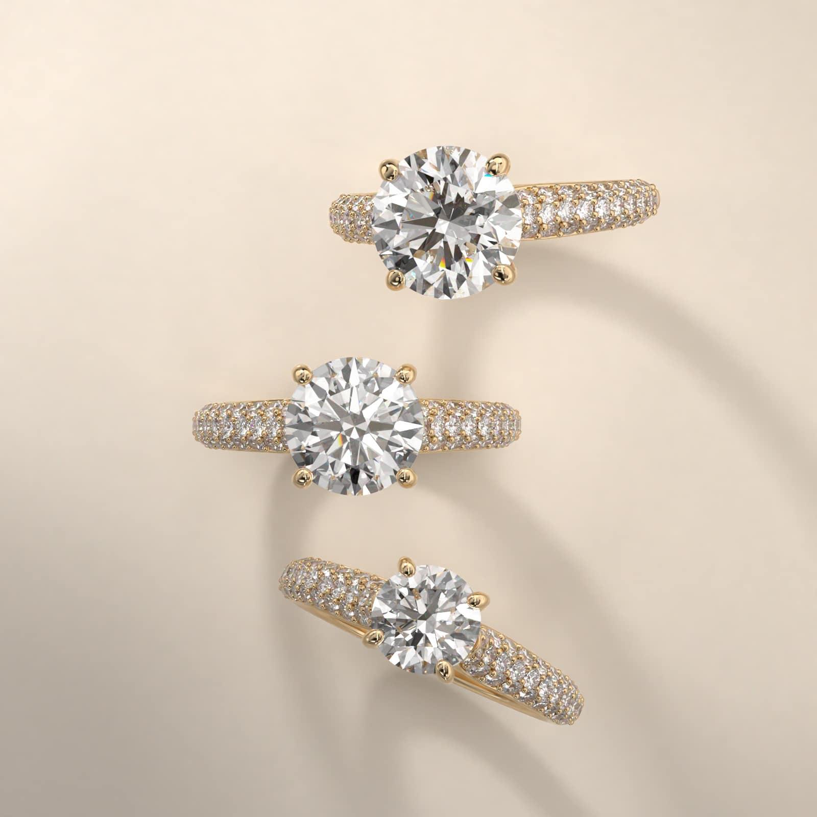 Graduated Triple Row Pavé Diamond Engagement Ring In 18K Yellow Gold