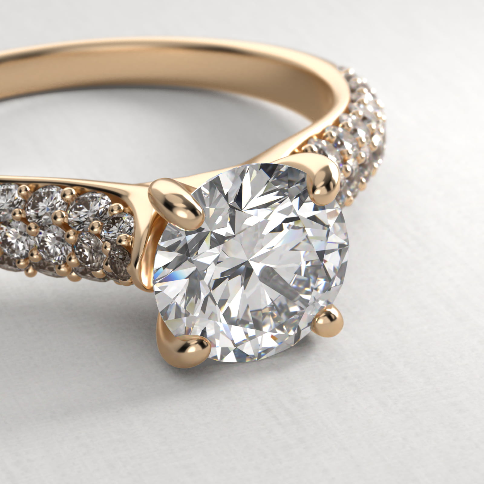 Graduated Triple Row Pavé Diamond Engagement Ring In 14K Yellow Gold