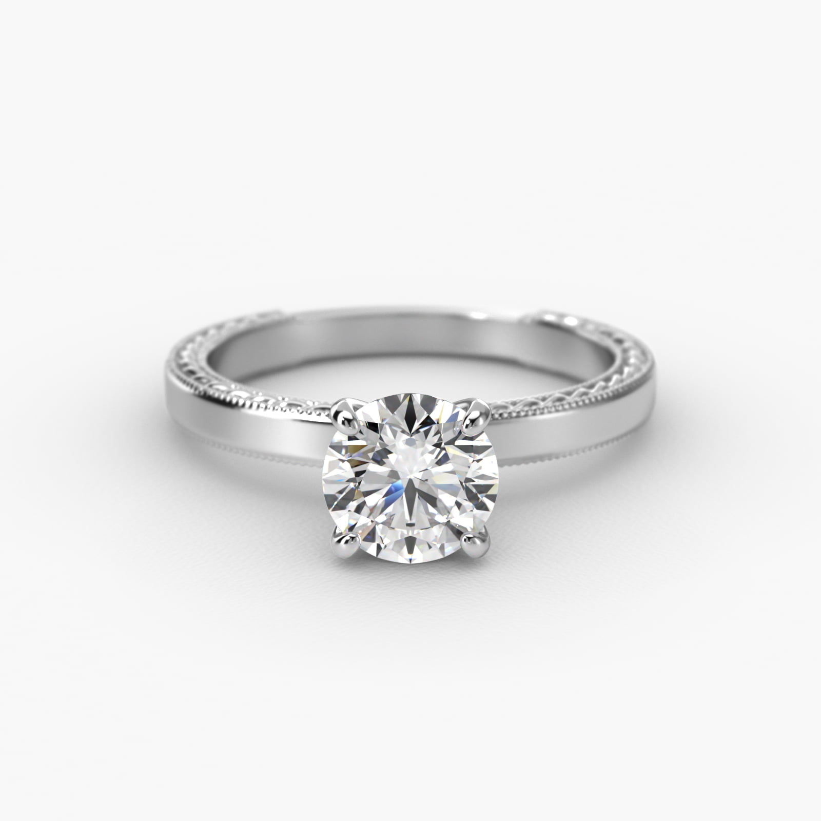 Etched Profile Solitaire Engagement Ring In 18K White Gold