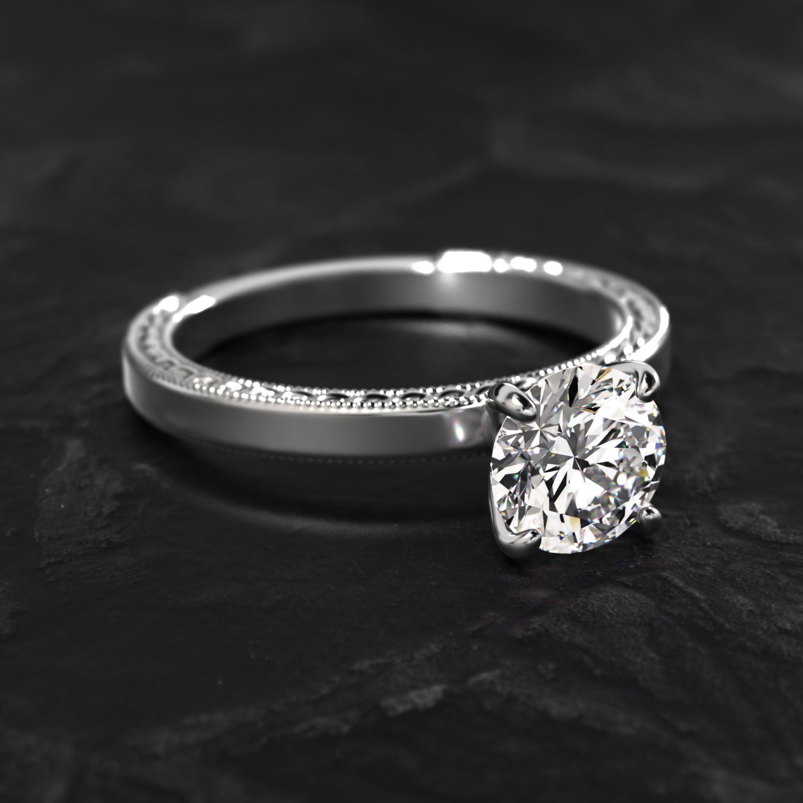 Etched Profile Solitaire Engagement Ring In 14K White Gold