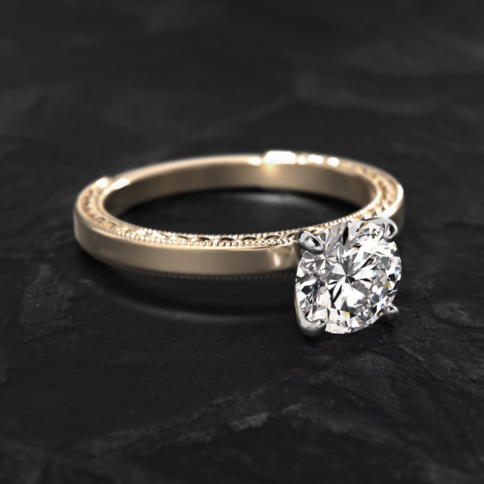 Etched Profile Solitaire Engagement Ring In 14K Yellow Gold