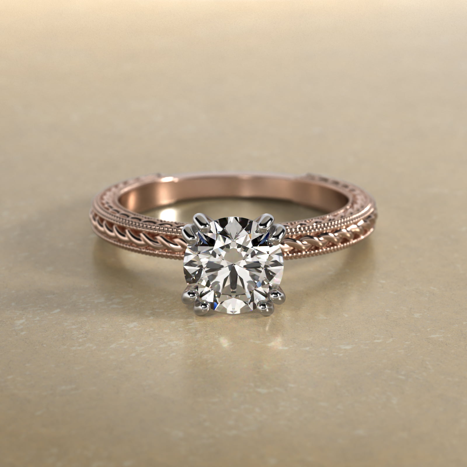 Etched Rope Solitaire Engagement Ring In 14K Rose Gold