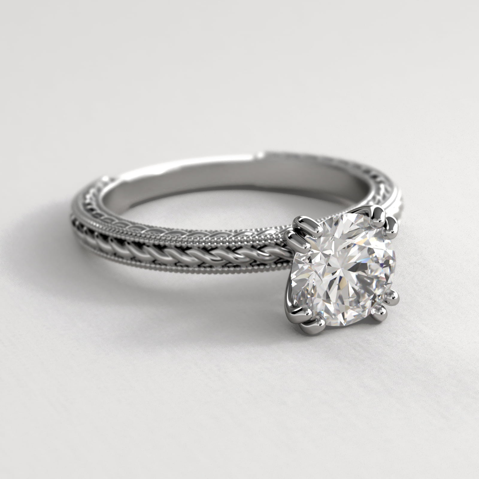 Etched Rope Solitaire Engagement Ring In 14K White Gold