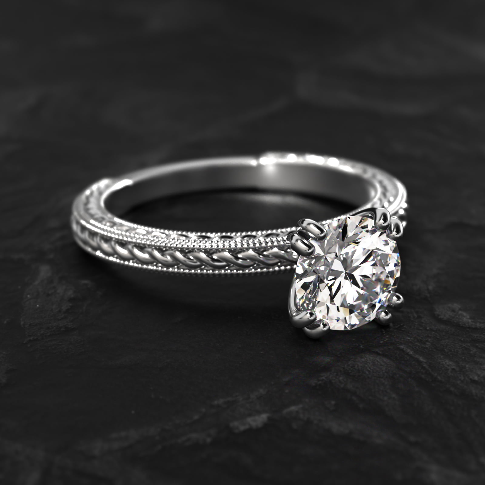 Etched Rope Solitaire Engagement Ring In 18K White Gold