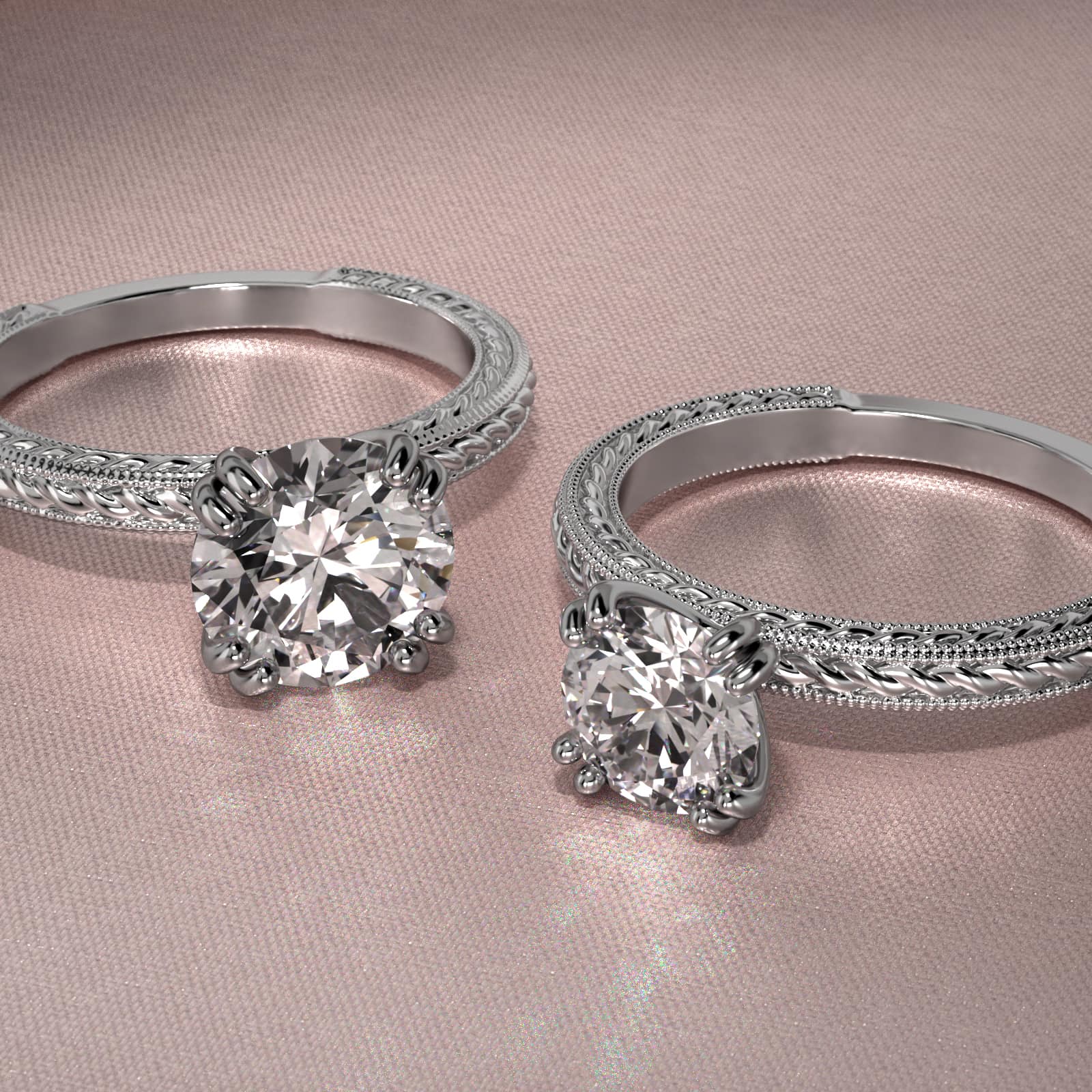 Etched Rope Solitaire Engagement Ring In 14K White Gold