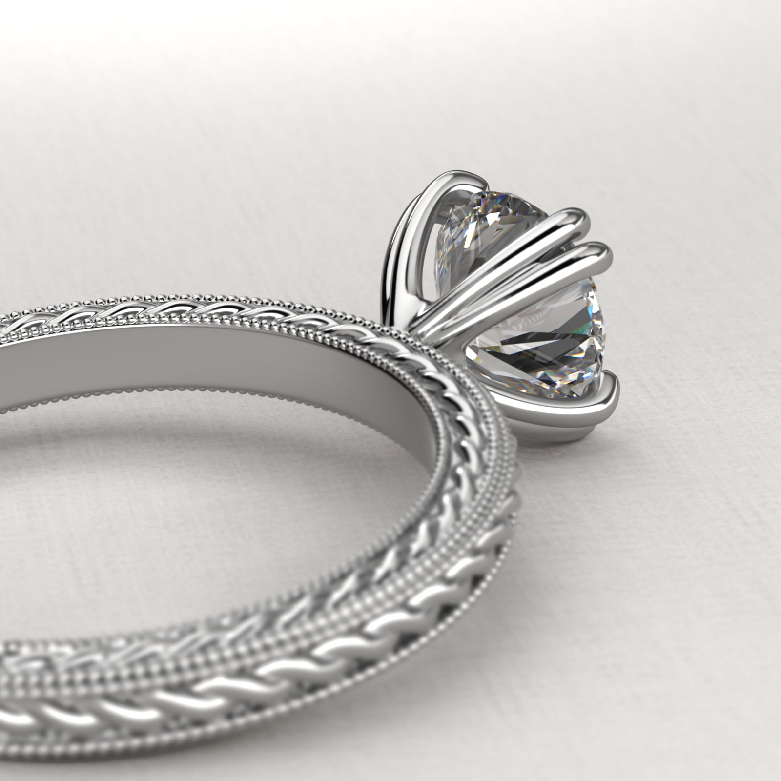 Etched Rope Solitaire Engagement Ring In 14K White Gold