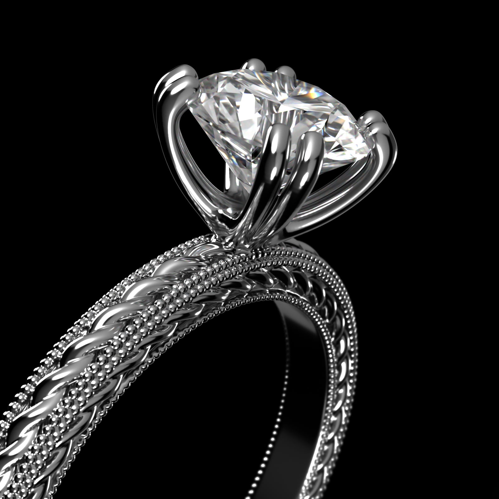 Etched Rope Solitaire Engagement Ring In 18K White Gold