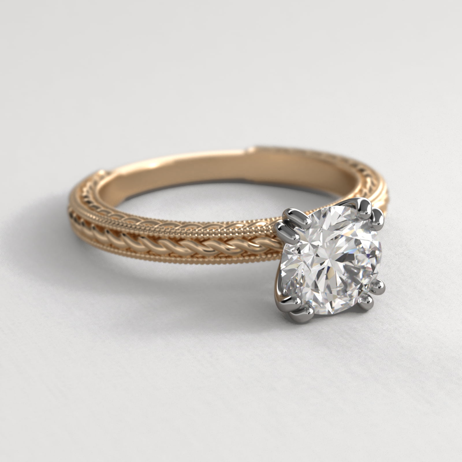 Etched Rope Solitaire Engagement Ring In 18K Yellow Gold