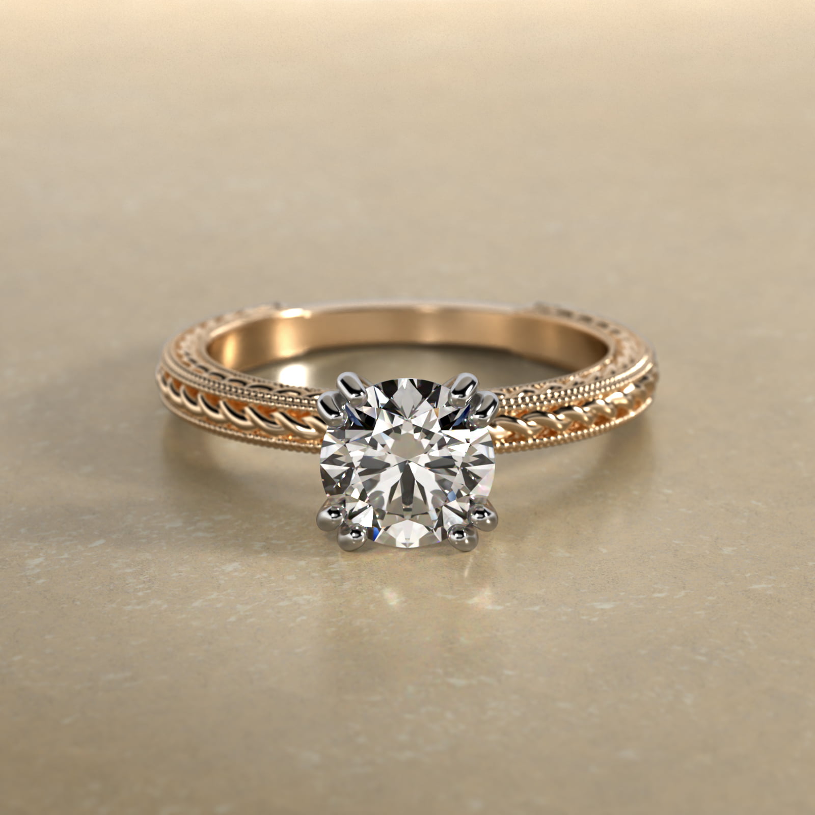 Etched Rope Solitaire Engagement Ring In 14K Yellow Gold