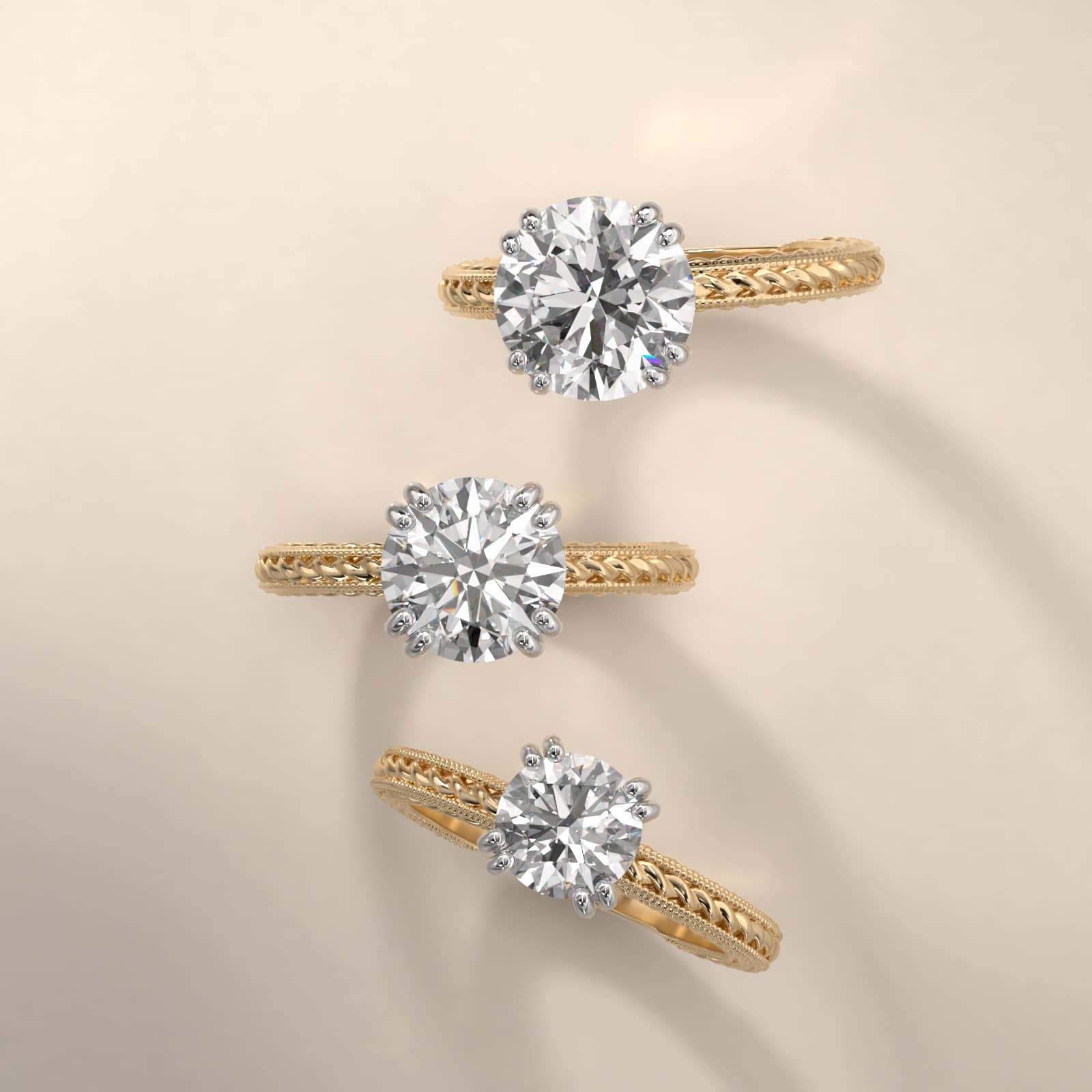 Etched Rope Solitaire Engagement Ring In 18K Yellow Gold