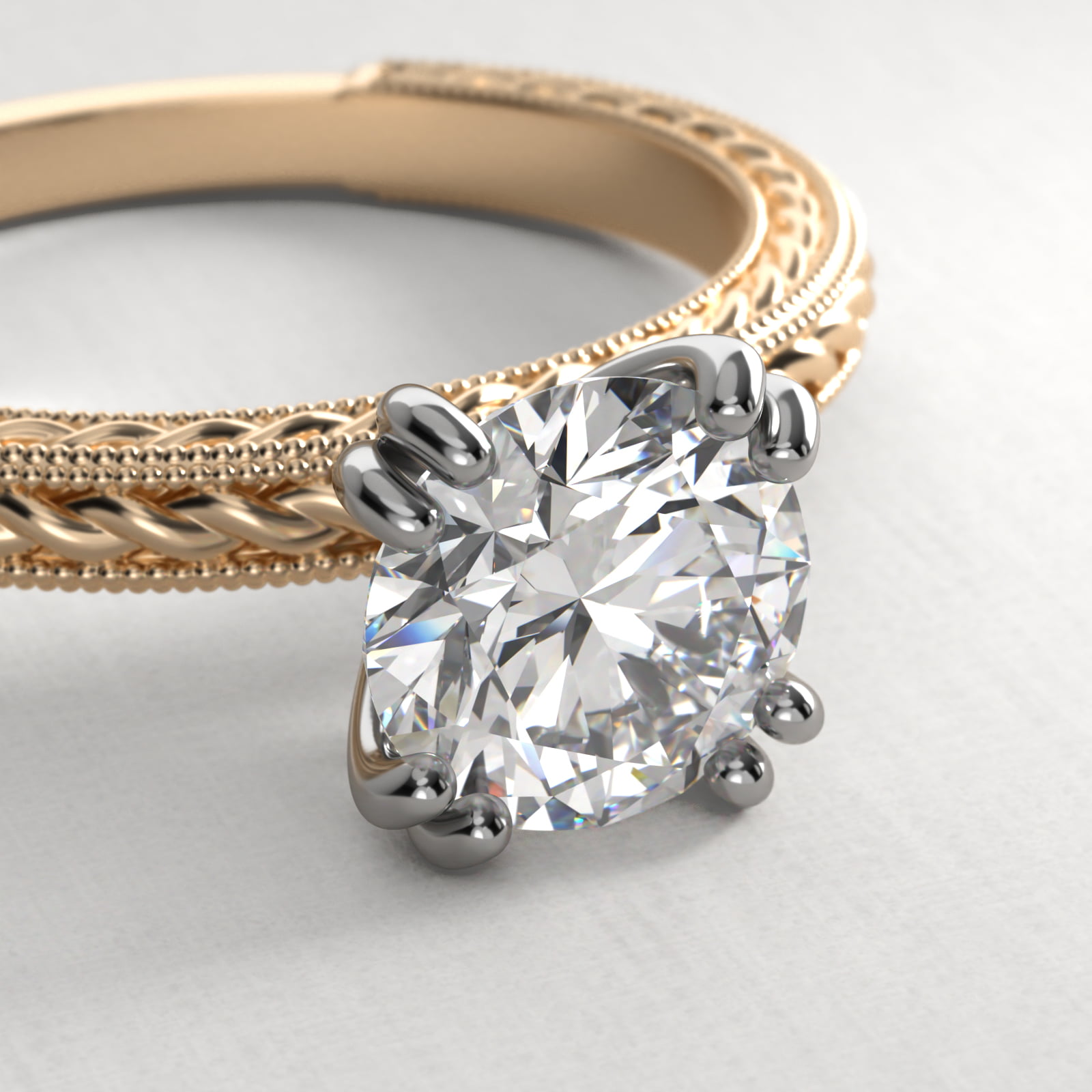 Etched Rope Solitaire Engagement Ring In 18K Yellow Gold