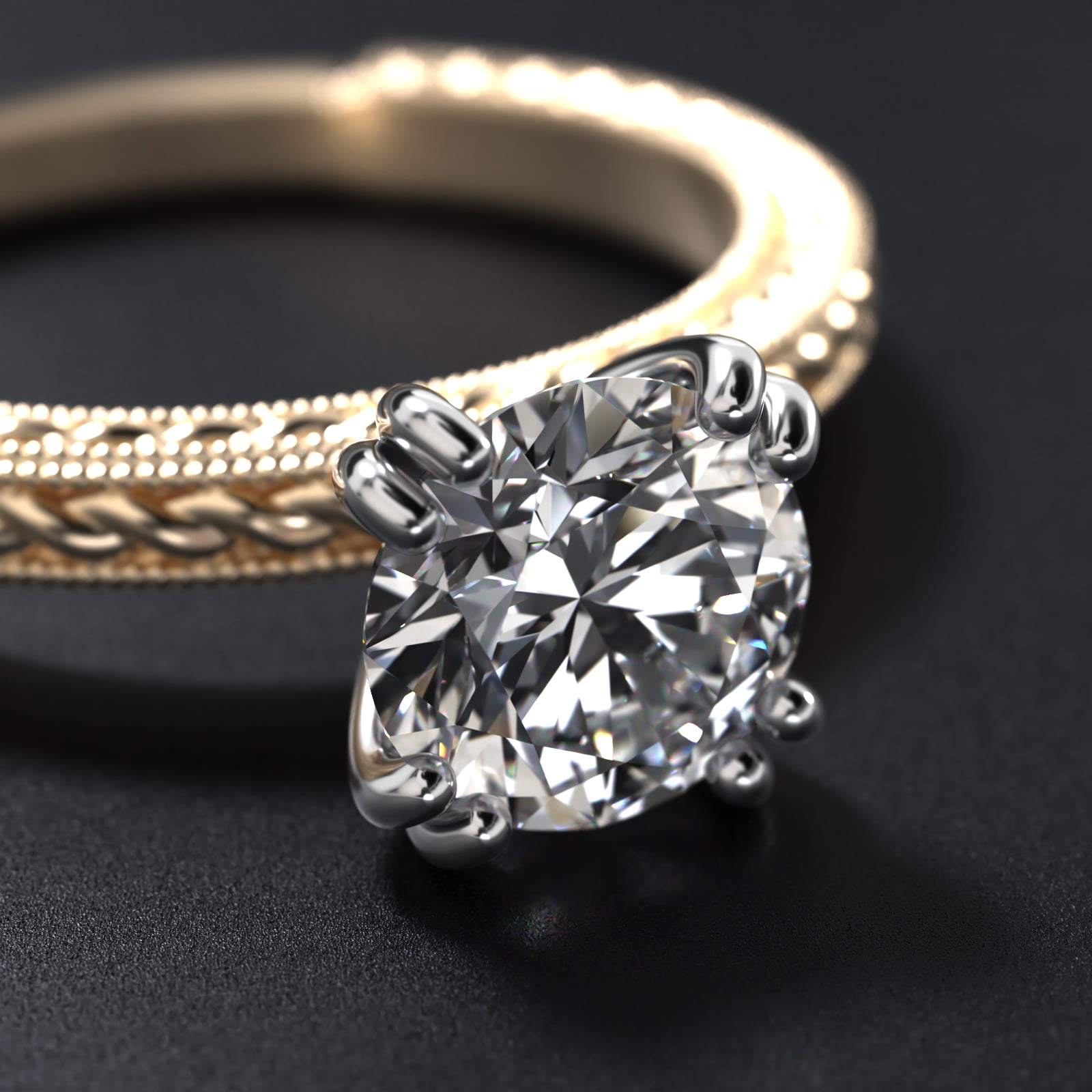 Etched Rope Solitaire Engagement Ring In 14K Yellow Gold