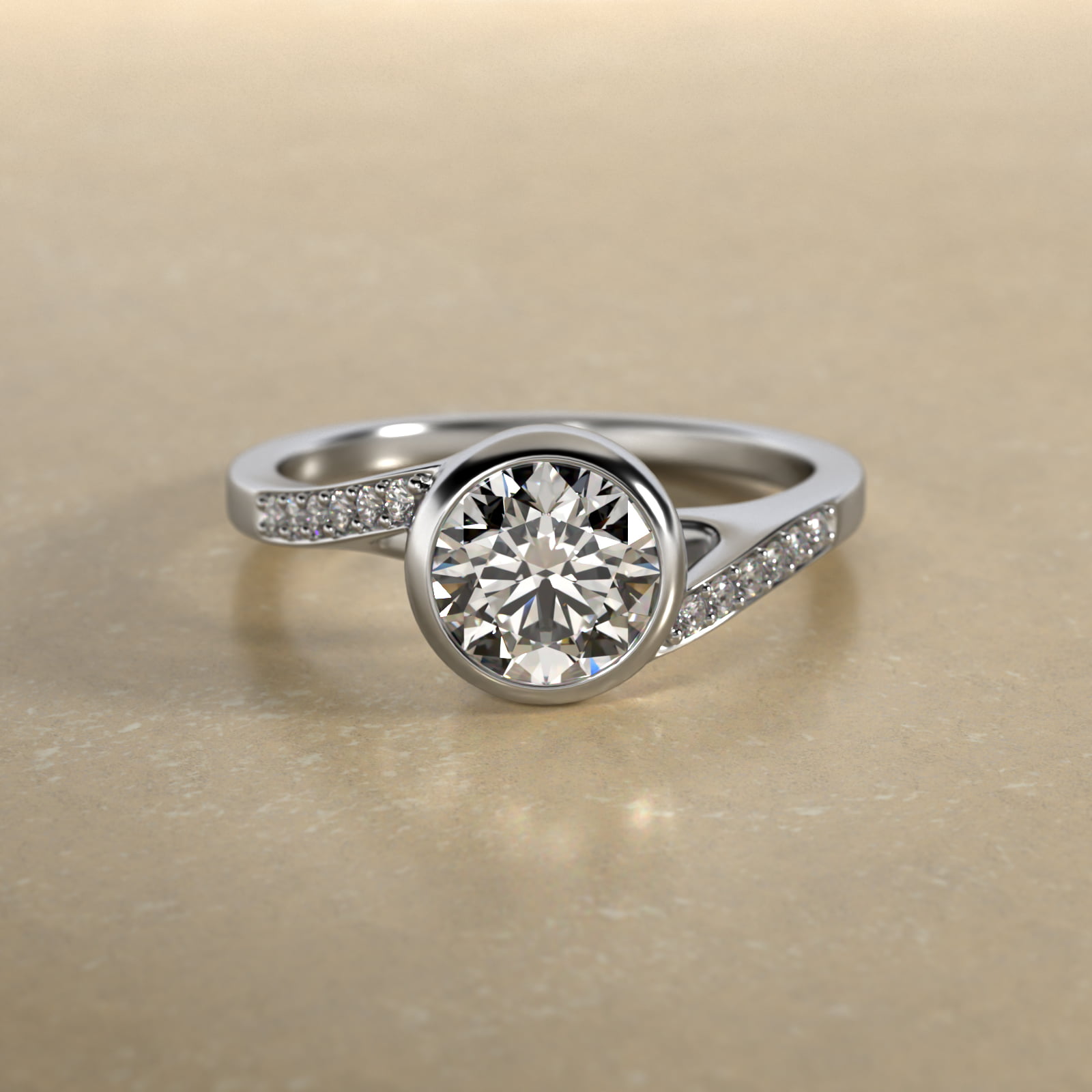 14K White Gold Pavé Bypass Bezel Set Diamond Engagement Ring