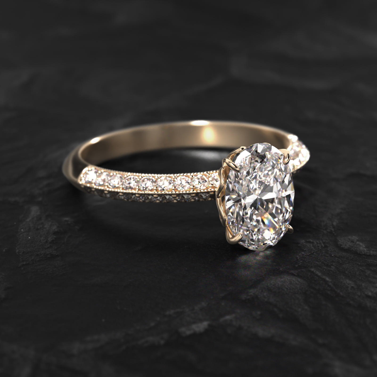 Pavé Knife Edge Lotus Basket Diamond Engagement Ring In 14K Yellow Gold