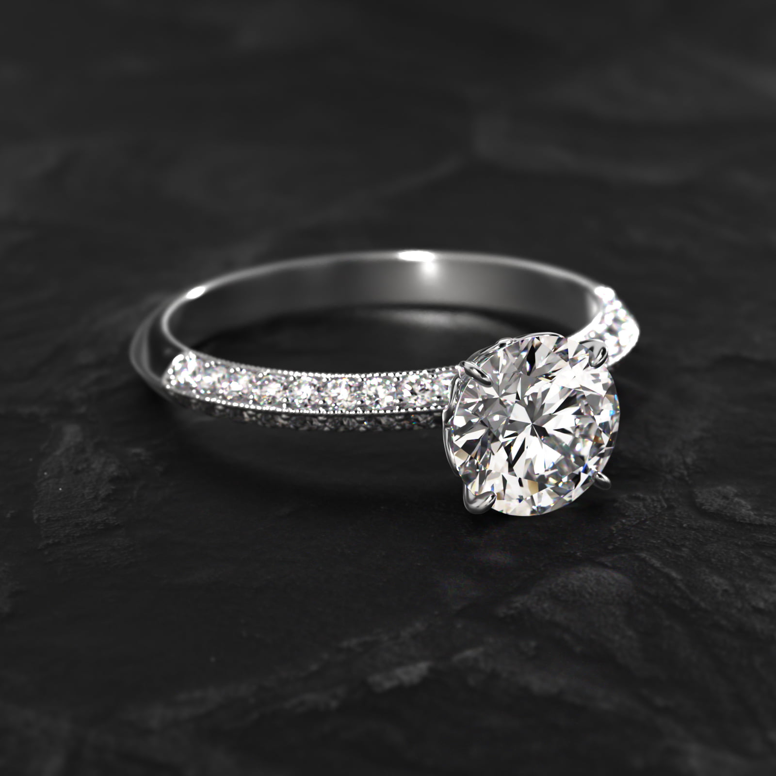 Pavé Knife Edge Lotus Basket Diamond Engagement Ring In 18K White Gold