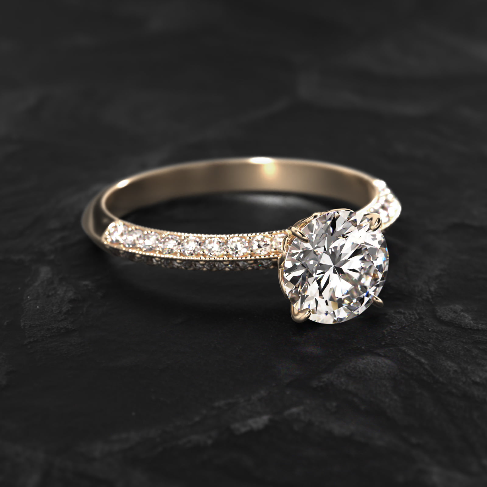 Pavé Knife Edge Lotus Basket Diamond Engagement Ring In 14K Yellow Gold