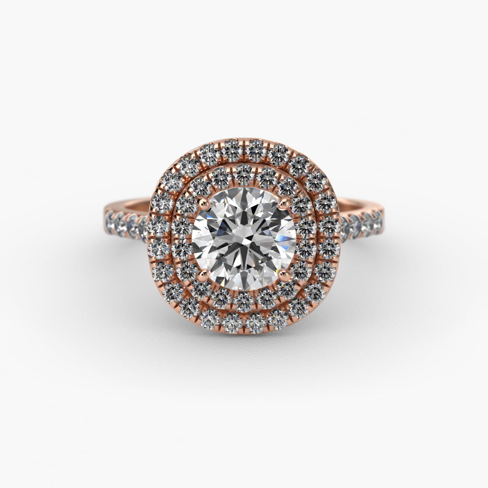 14K Rose Gold Diamond Split Shank Double Halo Pavé Engagement Ring