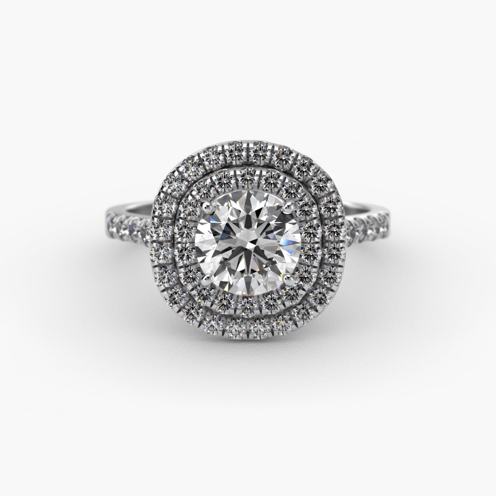 18K White Gold Diamond Split Shank Double Halo Pavé Engagement Ring