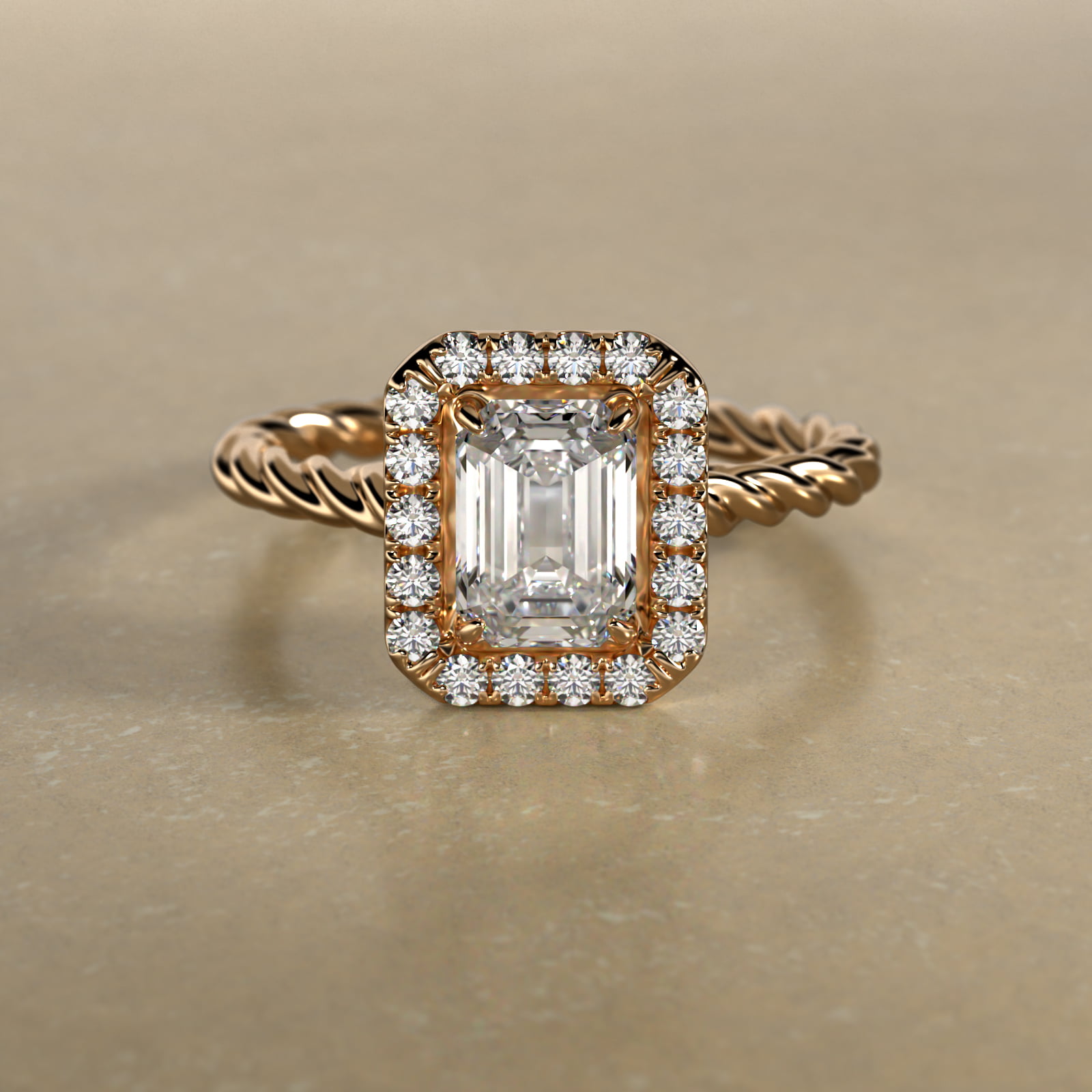 14K Yellow Gold Pavé Halo Cabled Diamond Engagement Ring