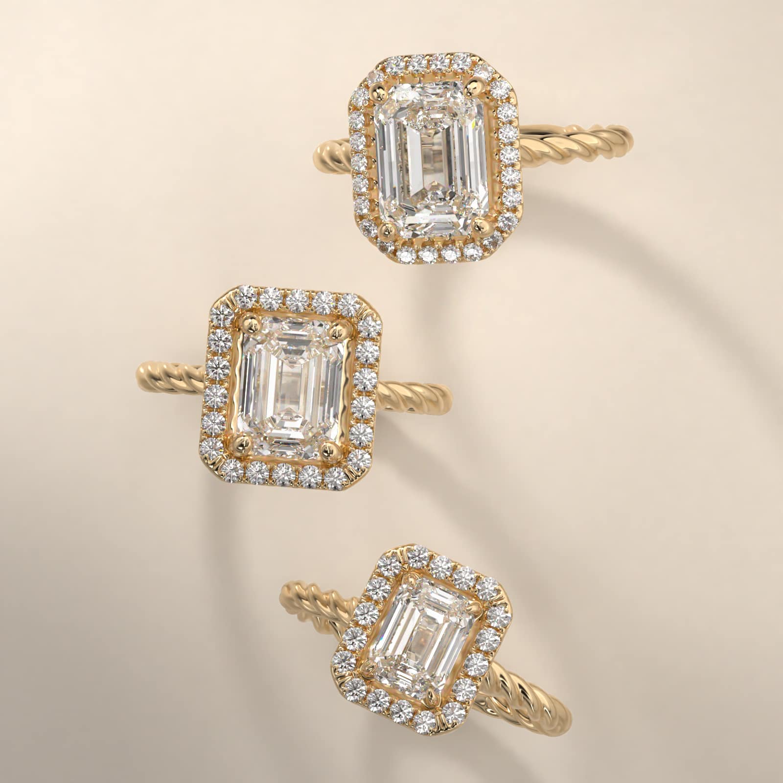 14K Yellow Gold Pavé Halo Cabled Diamond Engagement Ring