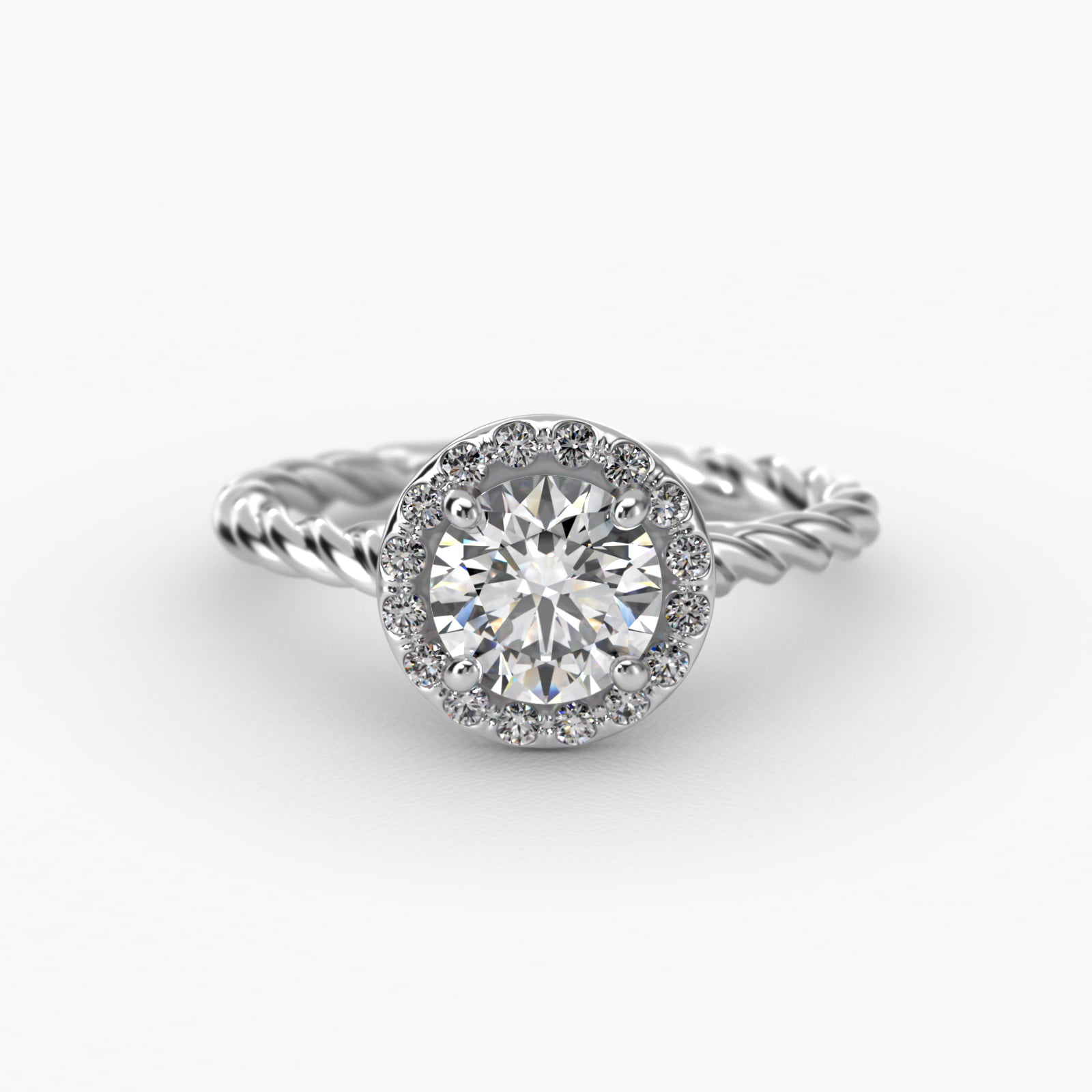 14K White Gold Pavé Halo Cabled Diamond Engagement Ring