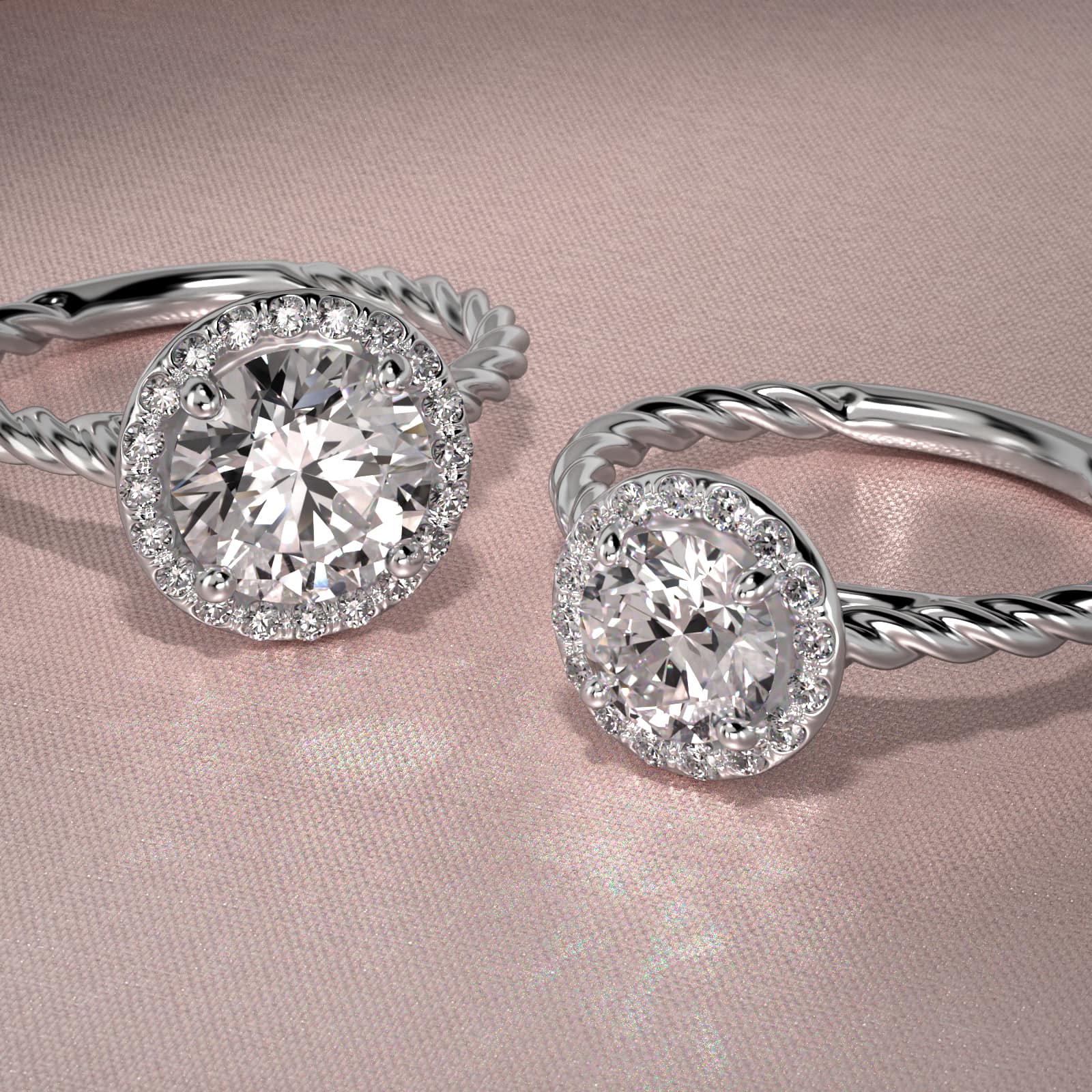 14K White Gold Pavé Halo Cabled Diamond Engagement Ring