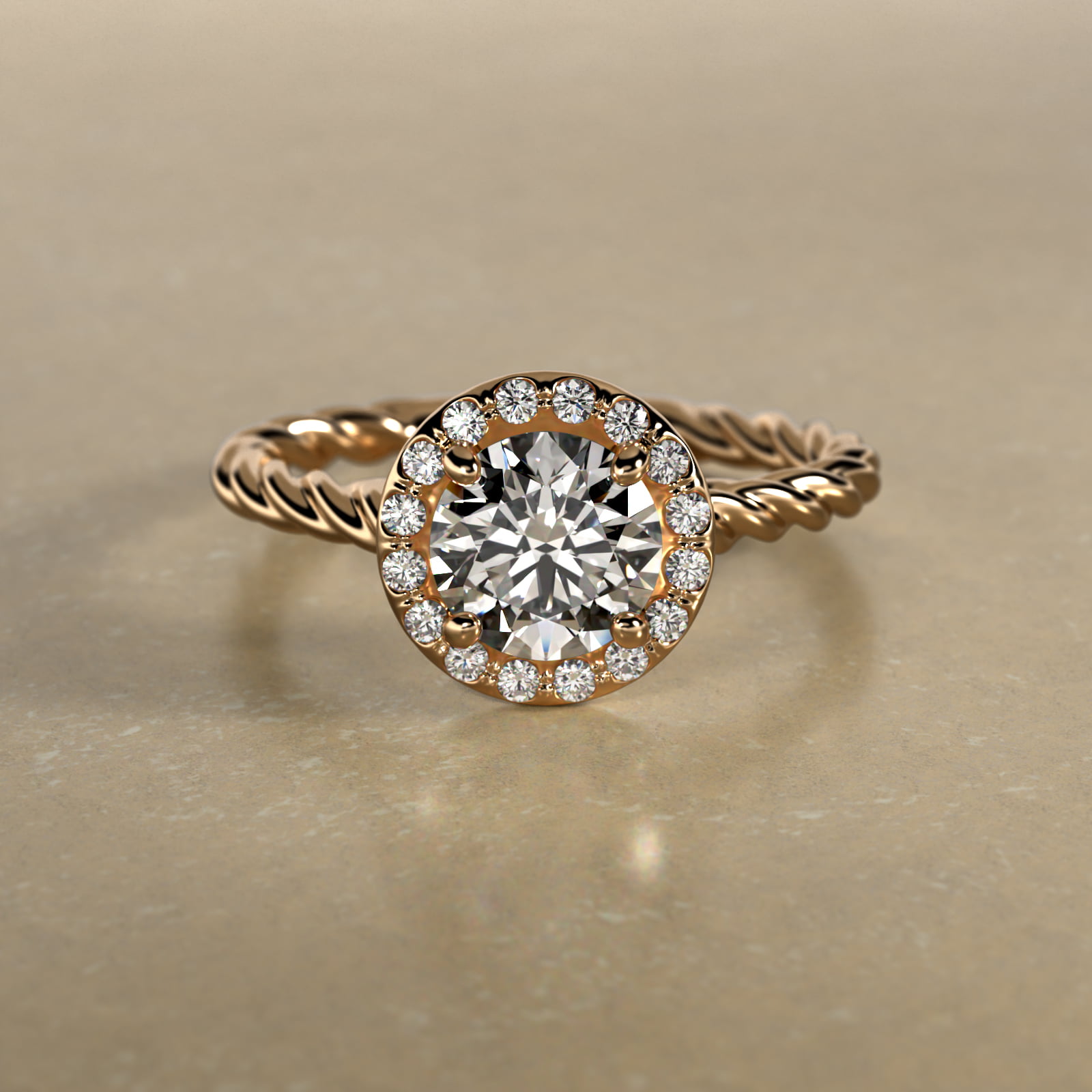 14K Yellow Gold Pavé Halo Cabled Diamond Engagement Ring