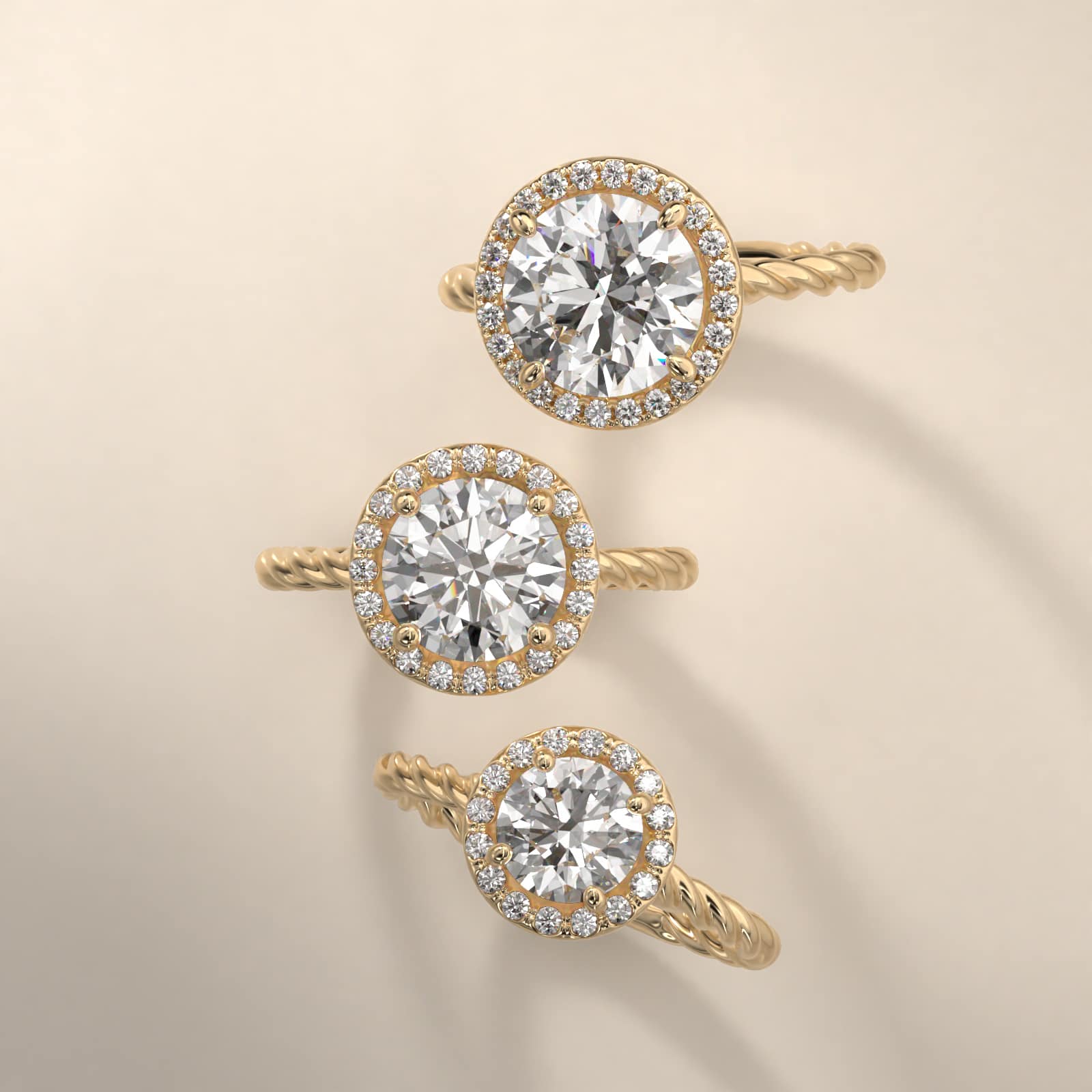 14K Yellow Gold Pavé Halo Cabled Diamond Engagement Ring