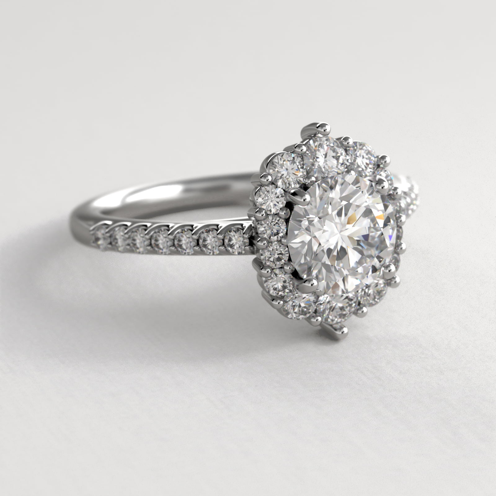 Graduated Diamond Halo Engagement Ring In 14K White Gold