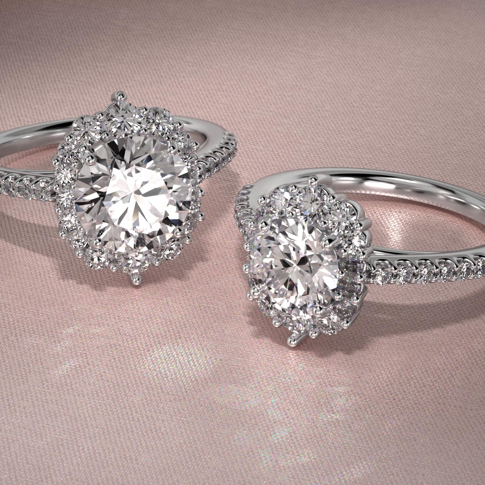 Graduated Diamond Halo Engagement Ring In 14K White Gold