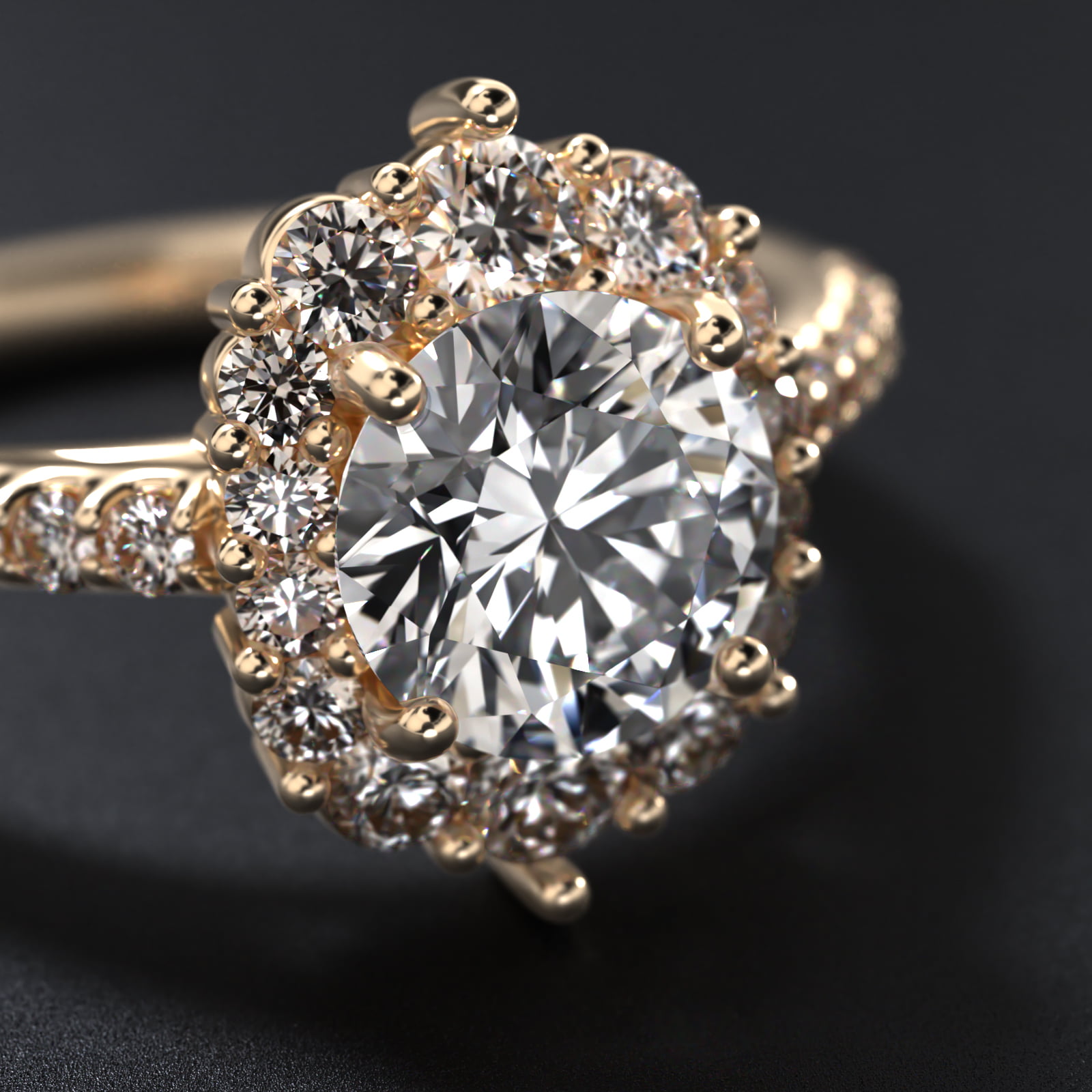 Graduated Diamond Halo Engagement Ring In 18K Yellow Gold