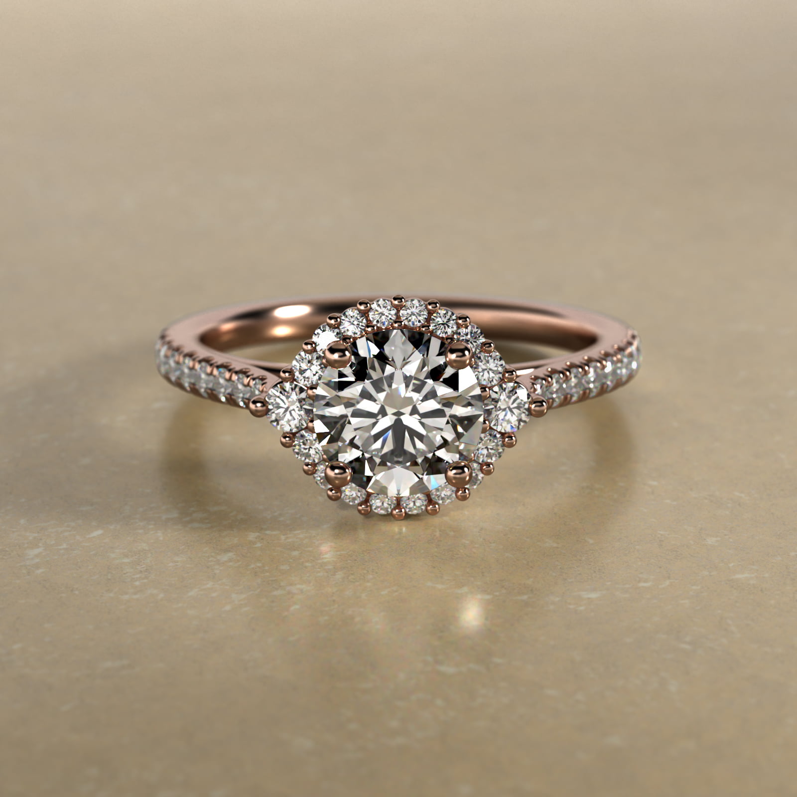Pavé Diamond Halo Cathedral Engagement Ring In 14K Rose Gold