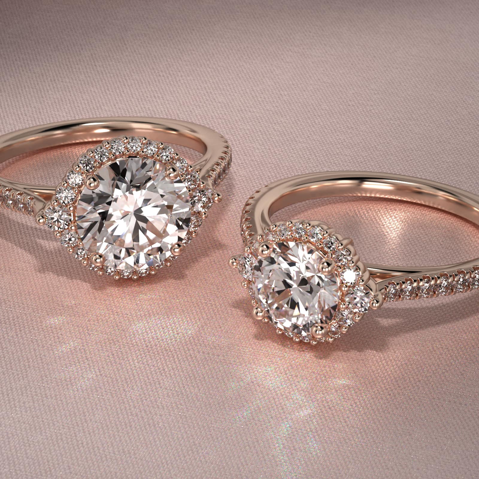 Pavé Diamond Halo Cathedral Engagement Ring In 14K Rose Gold