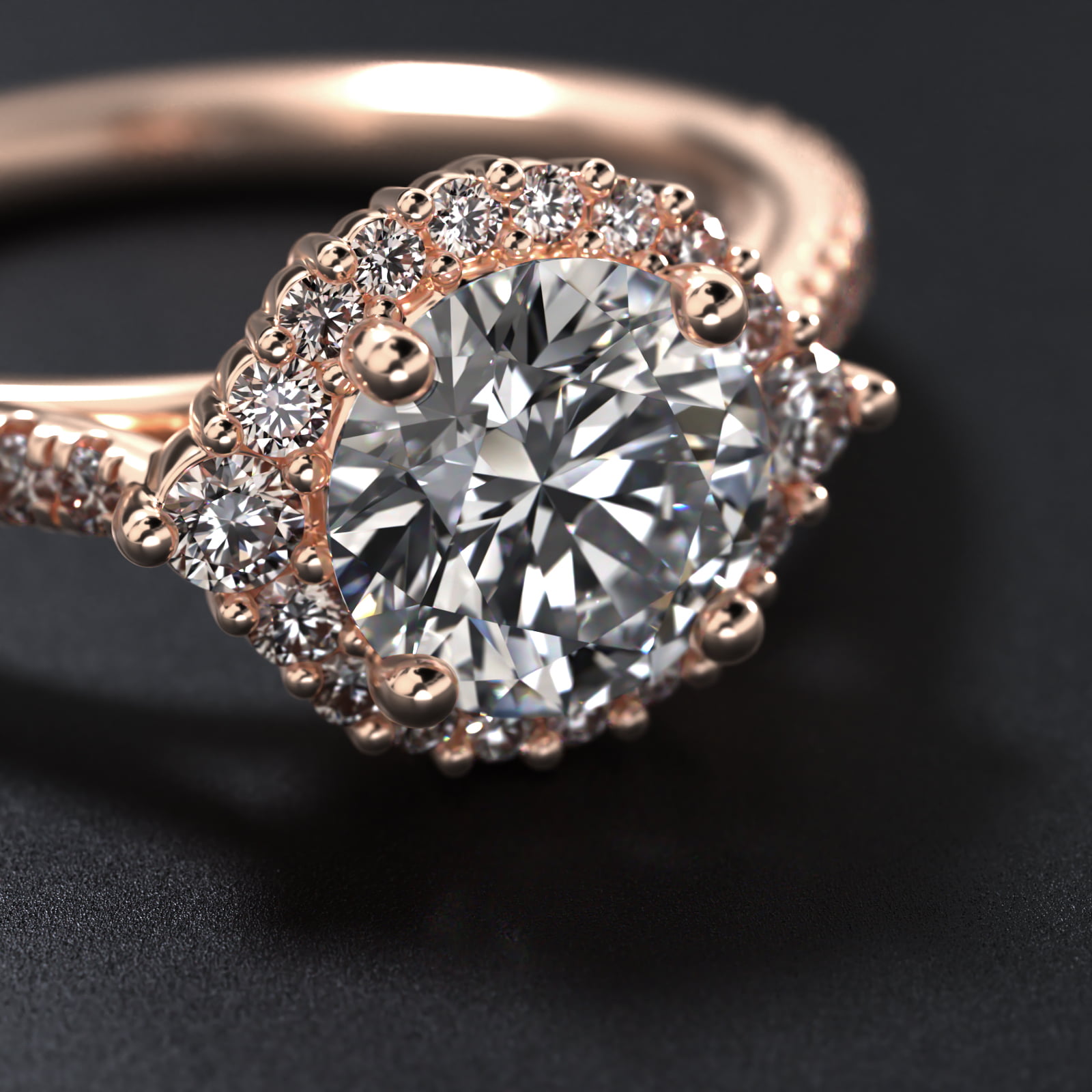 Pavé Diamond Halo Cathedral Engagement Ring In 14K Rose Gold