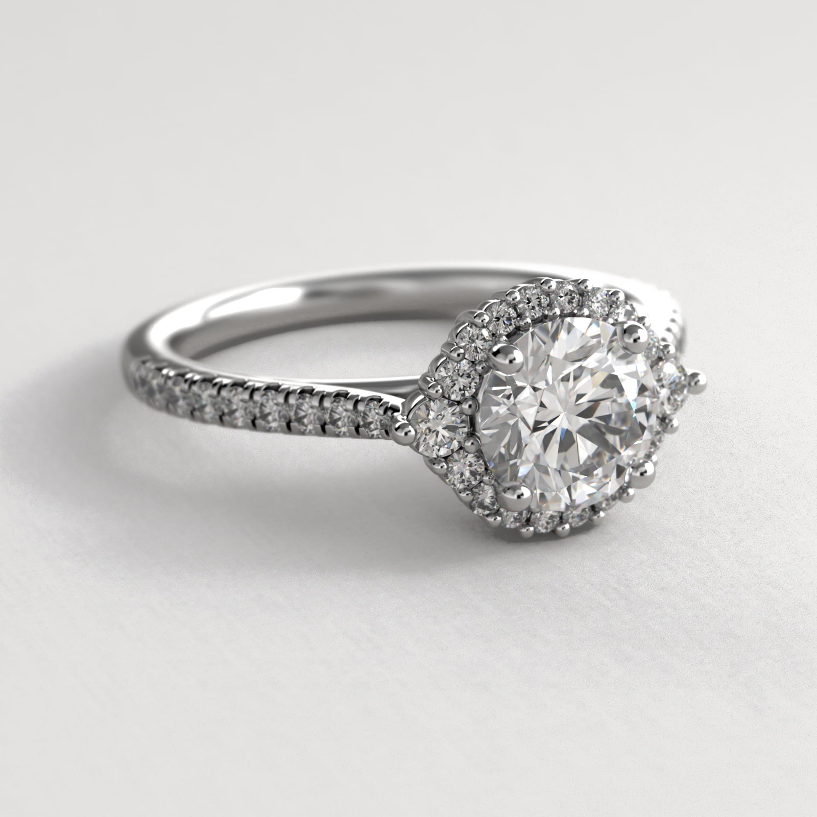 Pavé Diamond Halo Cathedral Engagement Ring In 18K White Gold