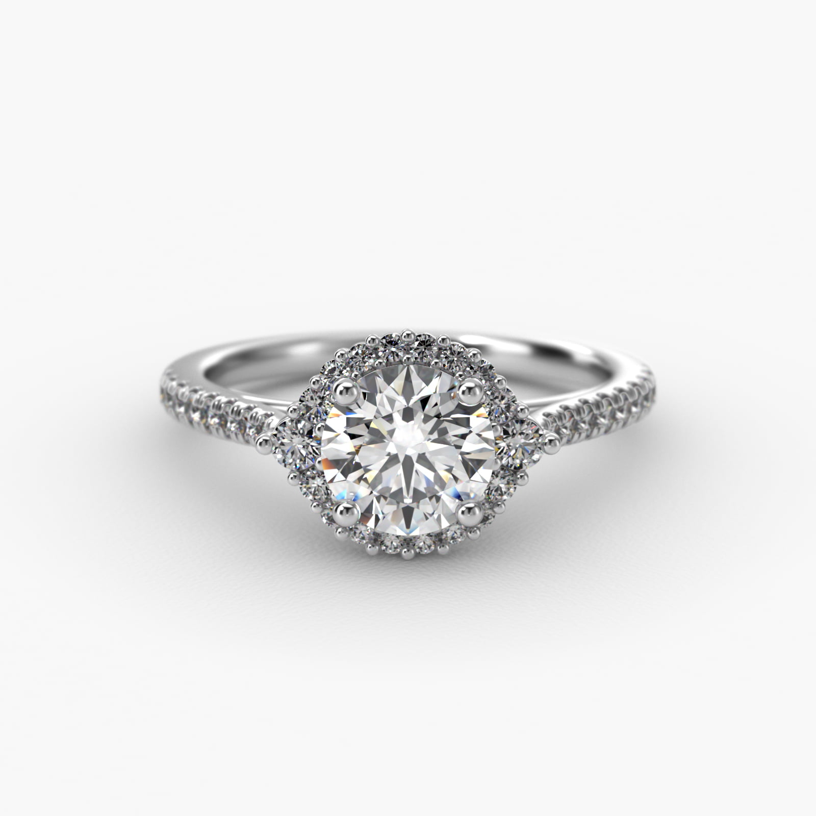 Pavé Diamond Halo Cathedral Engagement Ring In 14K White Gold