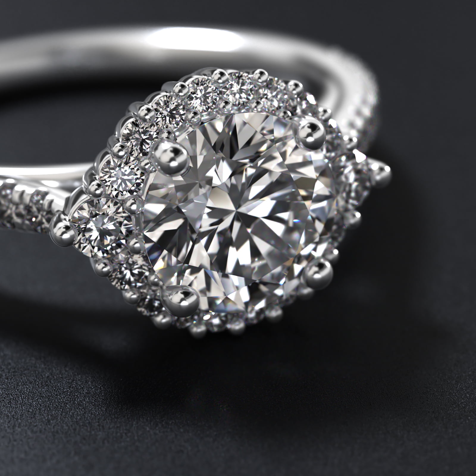Pavé Diamond Halo Cathedral Engagement Ring In 18K White Gold